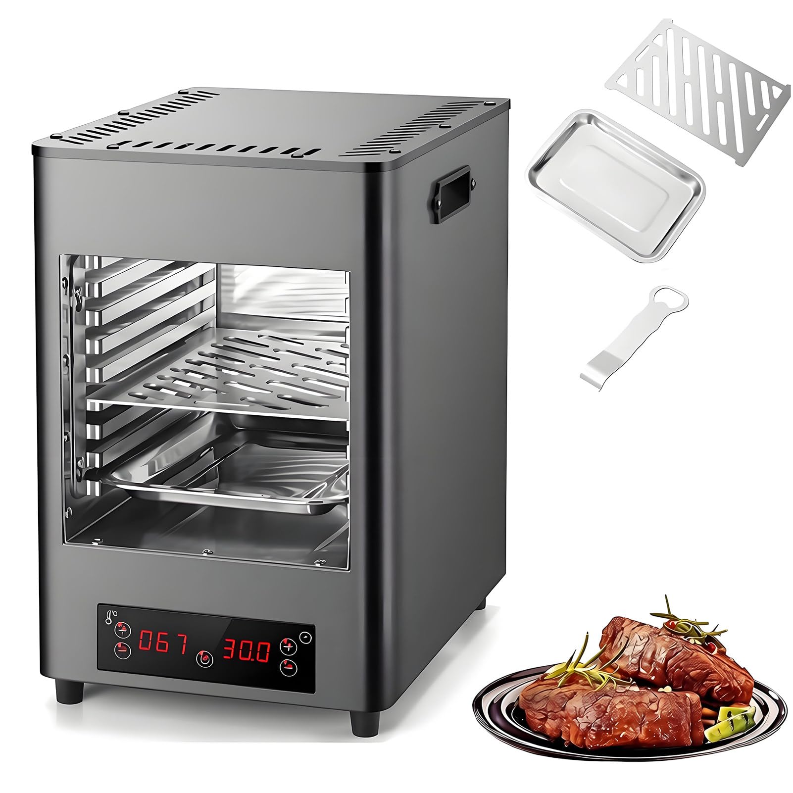 Elektryczny Grill do Steków O Mocy 1700 W z Timerem I Regulacją Temperatury, Grill Domowy z Rusztami I Tacką, Timerem 30 Min, Stali Nierdzewnej, do Steków, Mięsa, Burgerów I Pizzy Black-8Layer