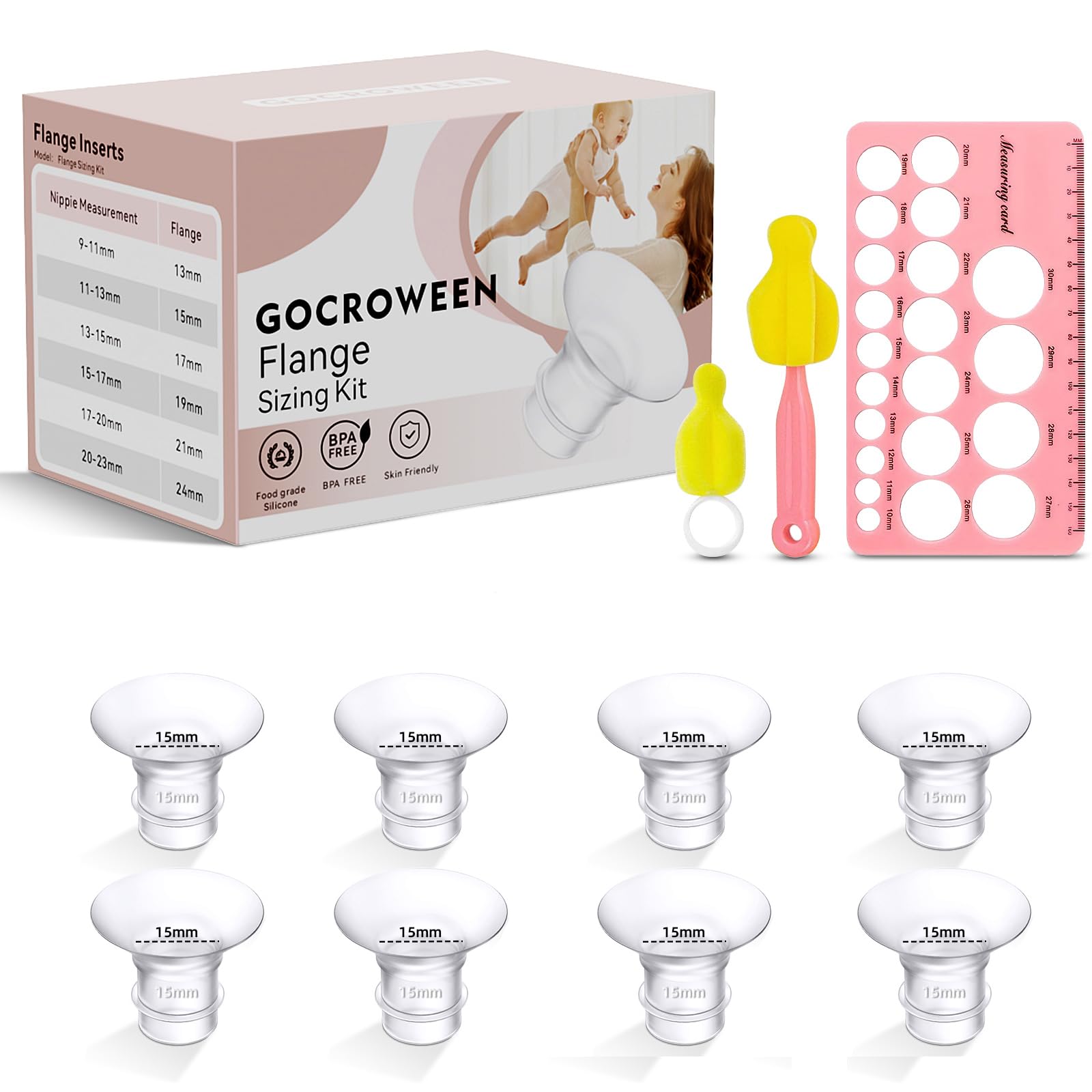 Flange Sizing Kit with 8PCS Flange Inserts 15mm, Nipple Ruler, Cleaning Brush, Flange Insert for 24mm Breast Pump，Flange Sizing Measurement Tool (15mm