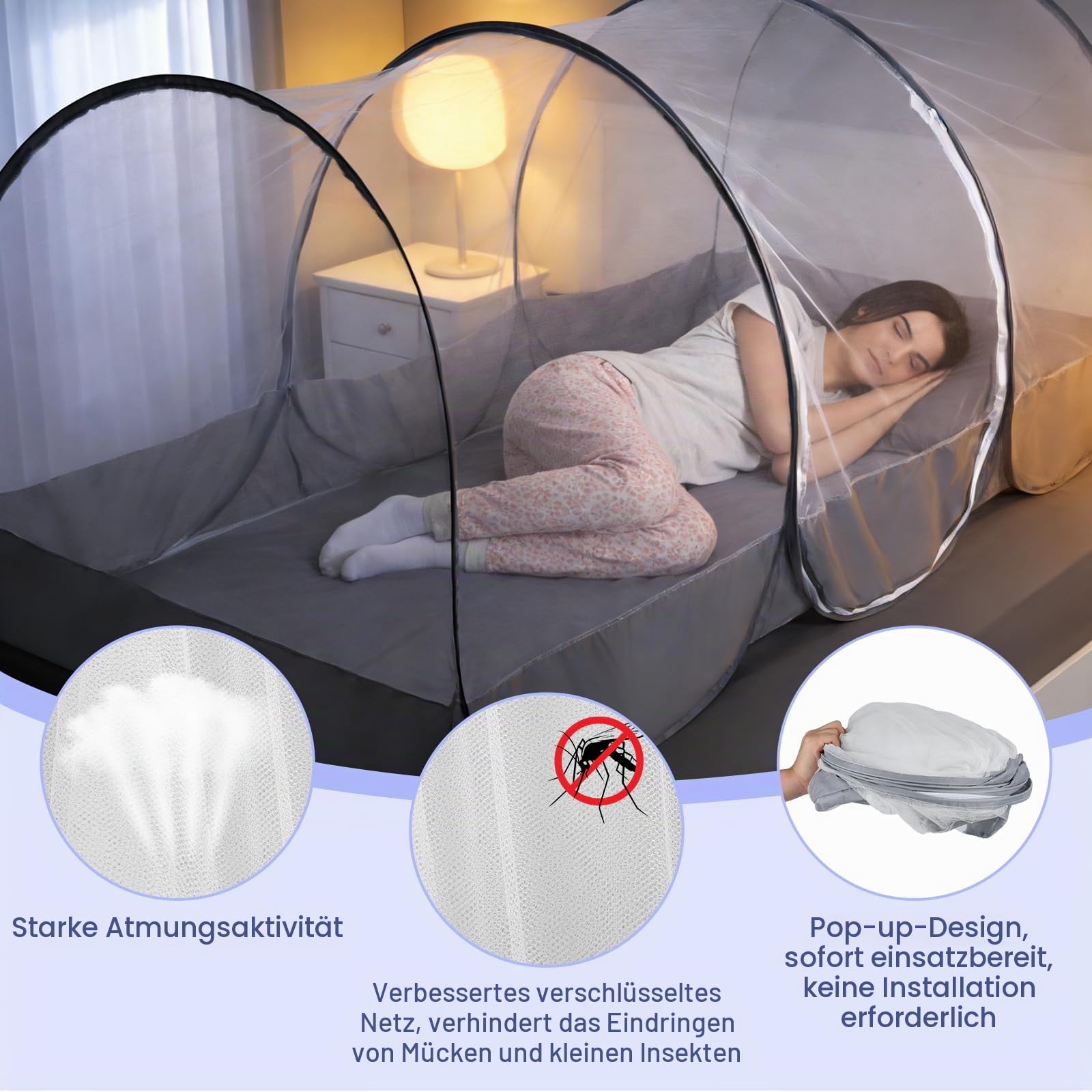 BigKing Reise Moskitonetz Bett, Moskitonetz Pop Up – Leichtes, Falbbares Mückennetz für Camping, Reisen und Zuhause – 360° Schutz mit Reißverschluss, Einfache Montage und Atmungsaktiv (B)