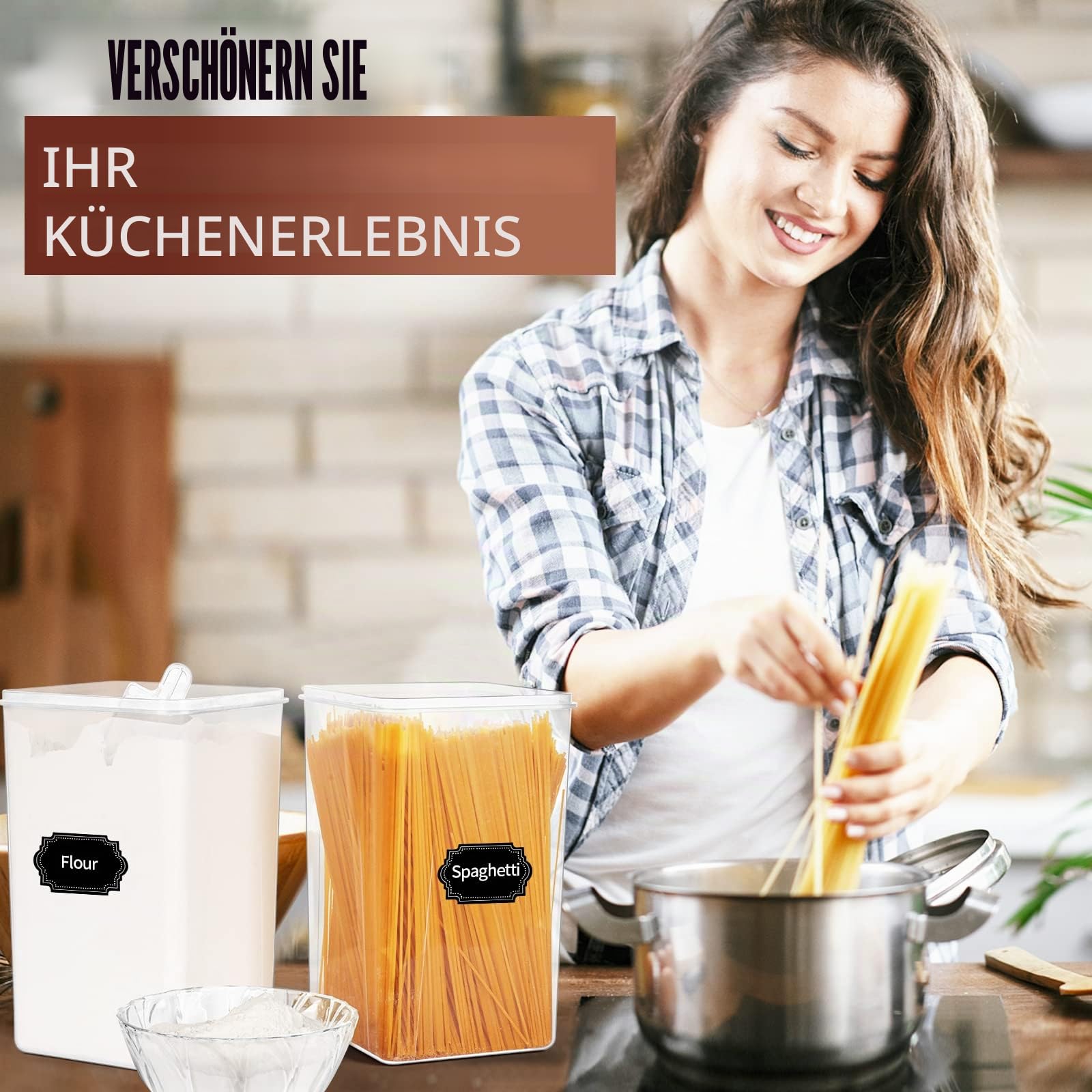 Skroam Große luftdichte Frischhaltedosen mit Deckel, Müslibehälter, Aufbewahrungs-Set – BPA-frei, Speisekammer-Organizer und Aufbewahrung für Mehl, Zucker und Reis, mit Messbecher, Etiketten