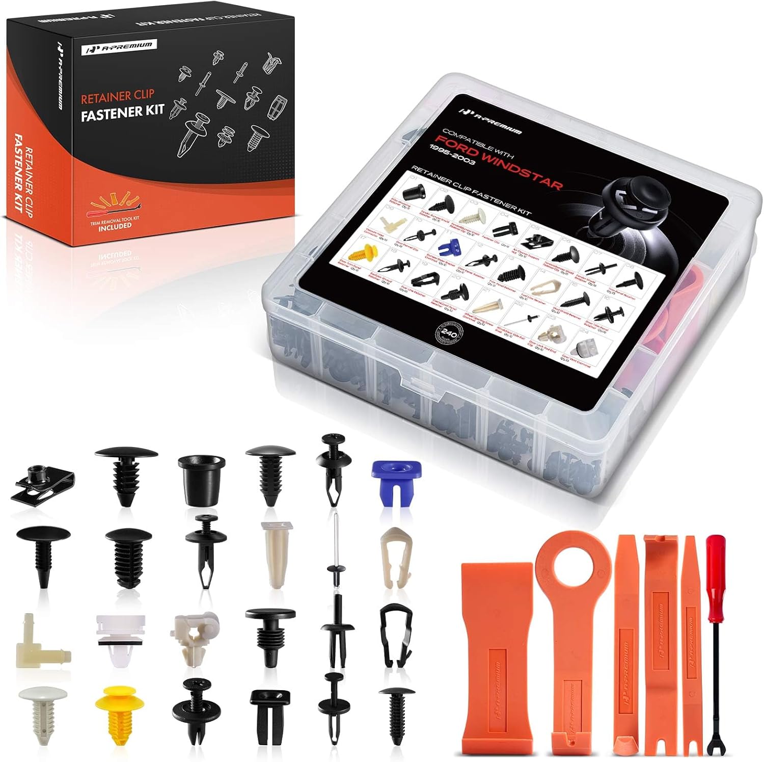 A-Premium 240PCS (46.08 oz/24 Sizes) Bumper Retainer Clips w/Removal Tool Compatible with Pontiac Montana 1999-2000 Fender Fasteners Assortment Mud Shield Clips Door Trim Panel Push Pin Rivets Set