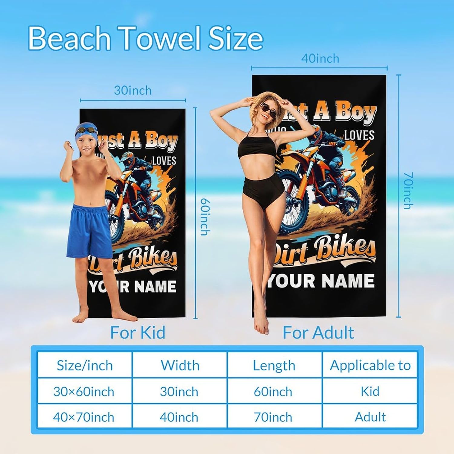 Custom Name Bath Towels for Boys Men, Personalized Lightweight Absorbent Dirt Bike Towels for Adults, 70x40 Inch Oversized Beach Accessories Gifts for Bathroom, Pool, Sports Events