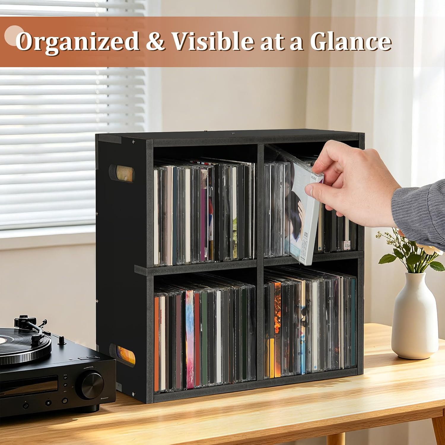 CD Holder Rack, Stackable & Wall Mountable CD Storage Display Shelf, CD Organizer Tower for Home Office, Store up to 56 CDs Cases, Ideal for Music Enthusiasts, Black