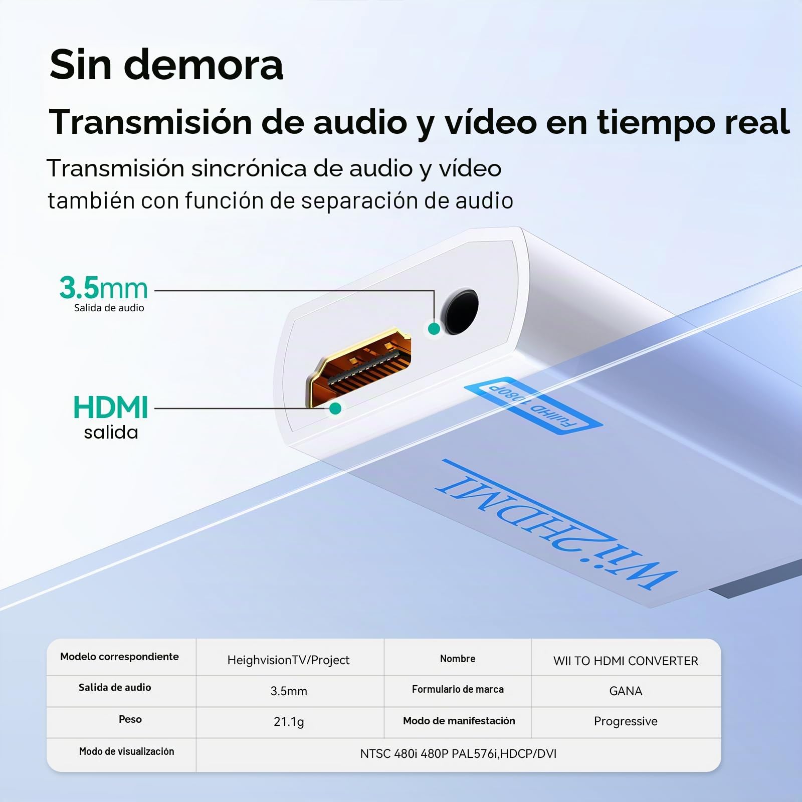 GANA Wii a HDMI Adaptador, Wii a HDMI convertidor Conector con Salida de vídeo de 1080p/720p y 3,5 mm Audio - Soporta Todos los Modos de visualización de Wii