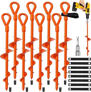 Dongxw Ground Anchors, Shed Anchor Kit - 15 Inch, 4-Pack Spiral Stakes, Ground Anchors Heavy Duty - Strong Wind Resistant for Camping Tents, Carports, Swing Sets, and Canopies - Earth Anchors Orange