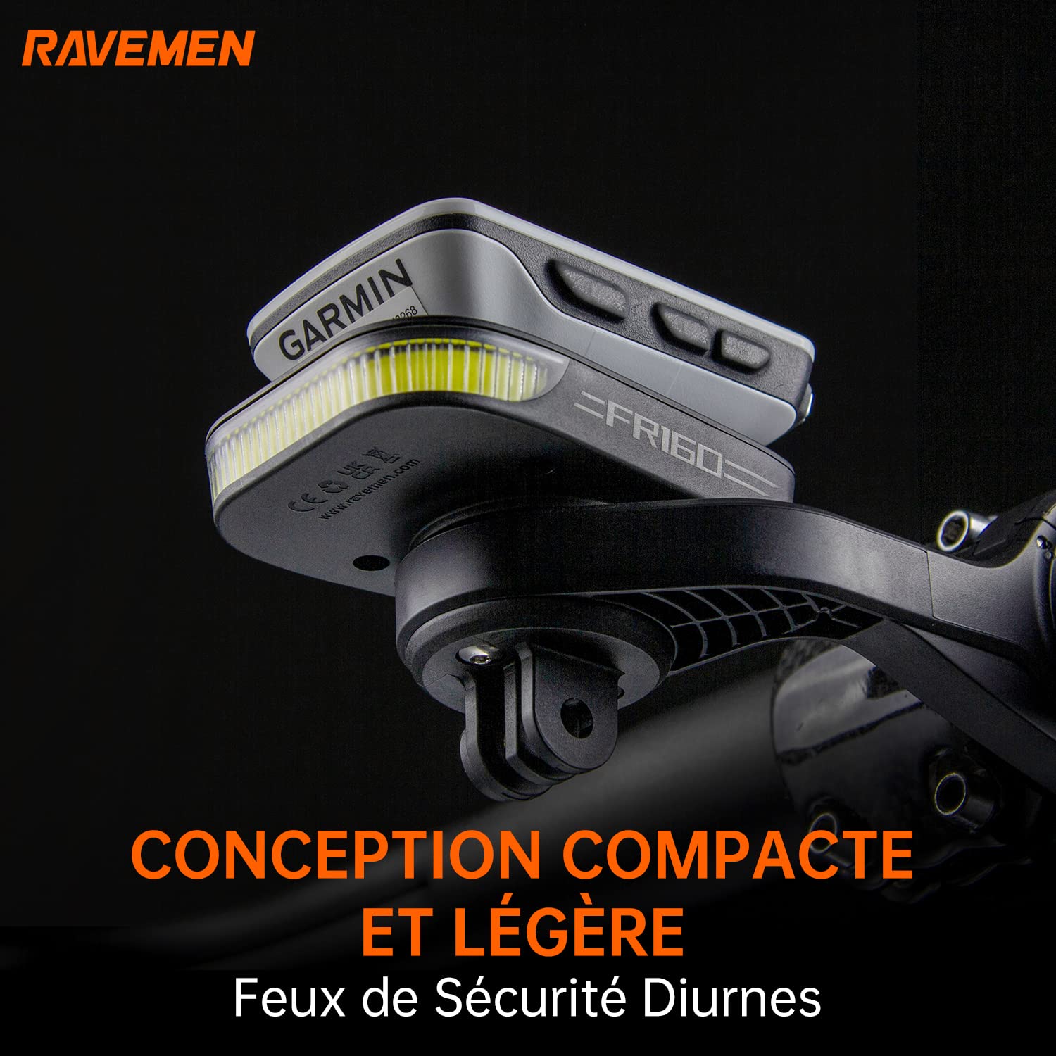 RAVEMEN FR160 Éclairage de Vélo pour Diurne Compatible avec Garmin/Wahoo/iGPSPORT/COOSPO Compteurs Vélo,6 Modes Compteurs/GPS Vélo Accessoires,Étanchéité IPX6 USB C(Protégés par Un Brevet)