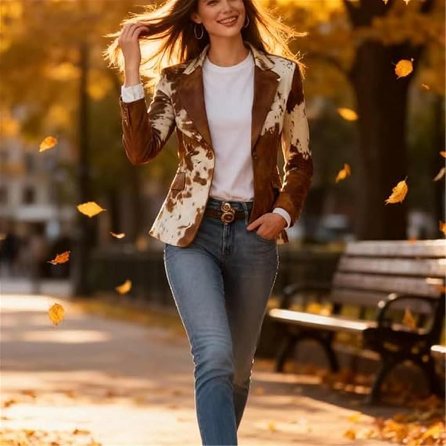 Womens Cow Print Blazer Jacket,Vintage Long Sleeve Single-Breasted Blazer,Stand-Up Collar Single-Breasted Cow Slim Fit Coat