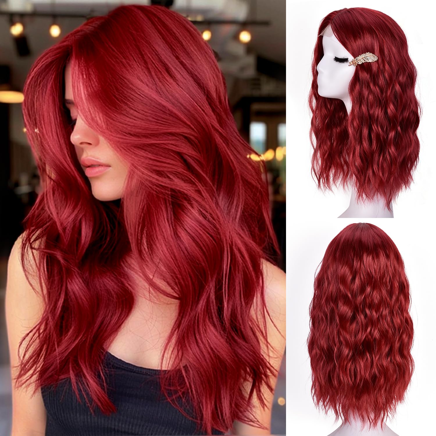 ANNISOUL Red Short Wavy Wigs for Women 18Inch Bob Wave Wig Middle Part Synthetic Lace Front Natural Hairline Hair for Daily Party Use - Image 3