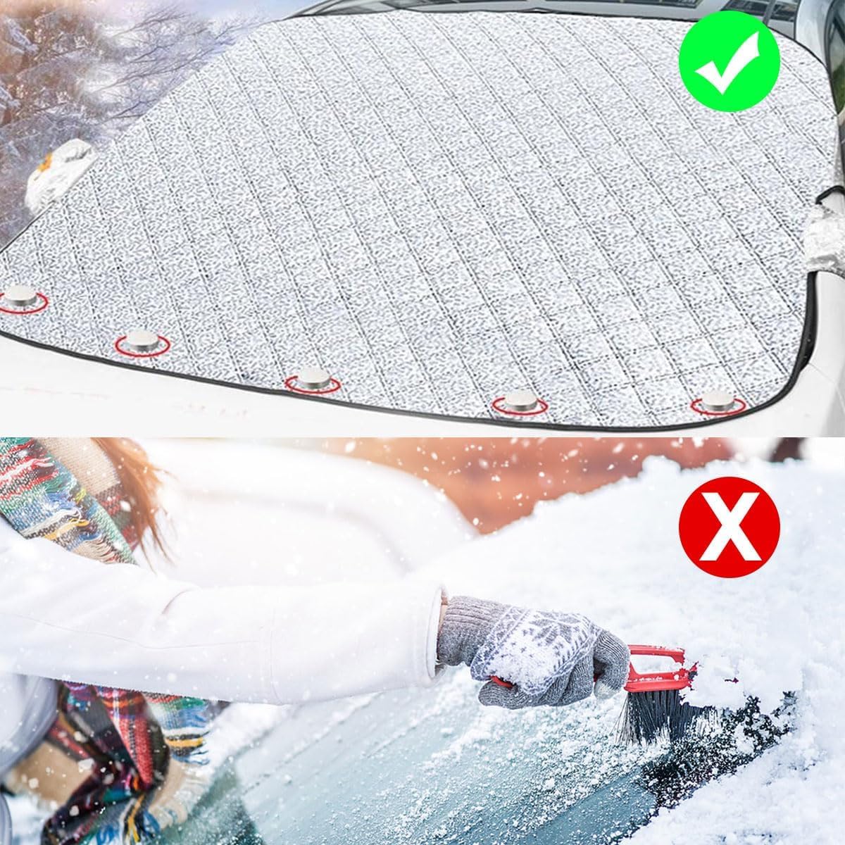 Couverture Pare-Brise Voiture avec 5 Aimant,Bache Pare Brise Protection Couverture Repliable,Protection Pare Brise Hiver,Voiture Protege Pare Brise Givre avec Couvercle de Rétroviseur,150 * 111CM