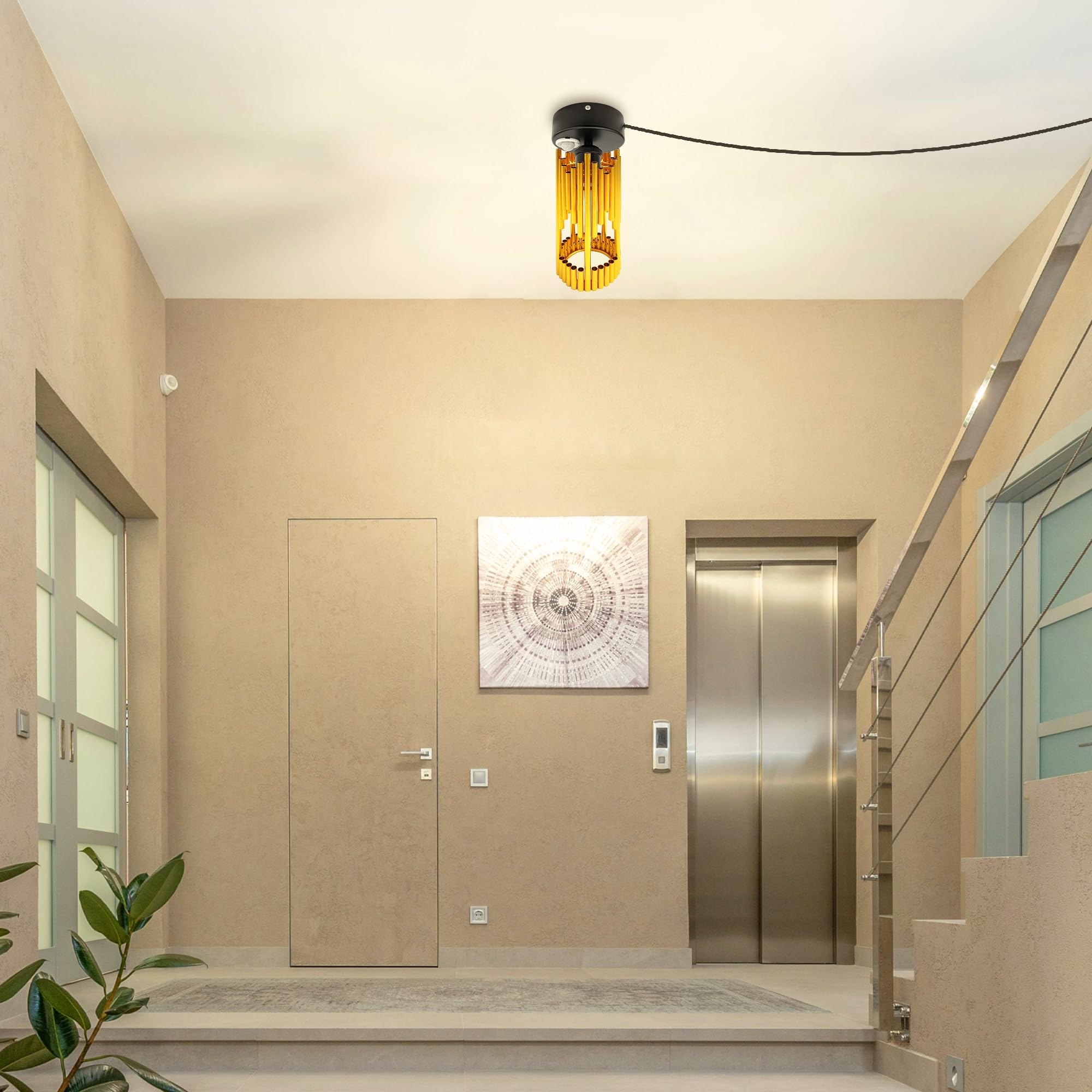 Plafoniera con sensore di movimento interno, lampada da soffitto in ferro industriale, sensore di movimento radar con cavo da 4,5 m e portalampada E27, per corridoio, bagno, scale, garage