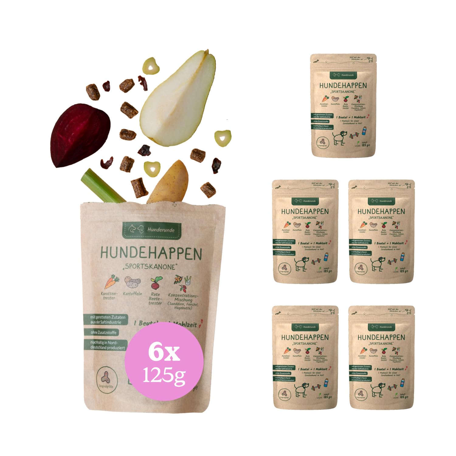 Hunderunde – Hundehappen Sportskanone 6×125g – vegane Hundeleckerli für Training & Spaziergang – fettarm & proteinarm – mit Rote Beete & Fenchel – getreidefrei – ideal bei Sensitivität – Hundesnack