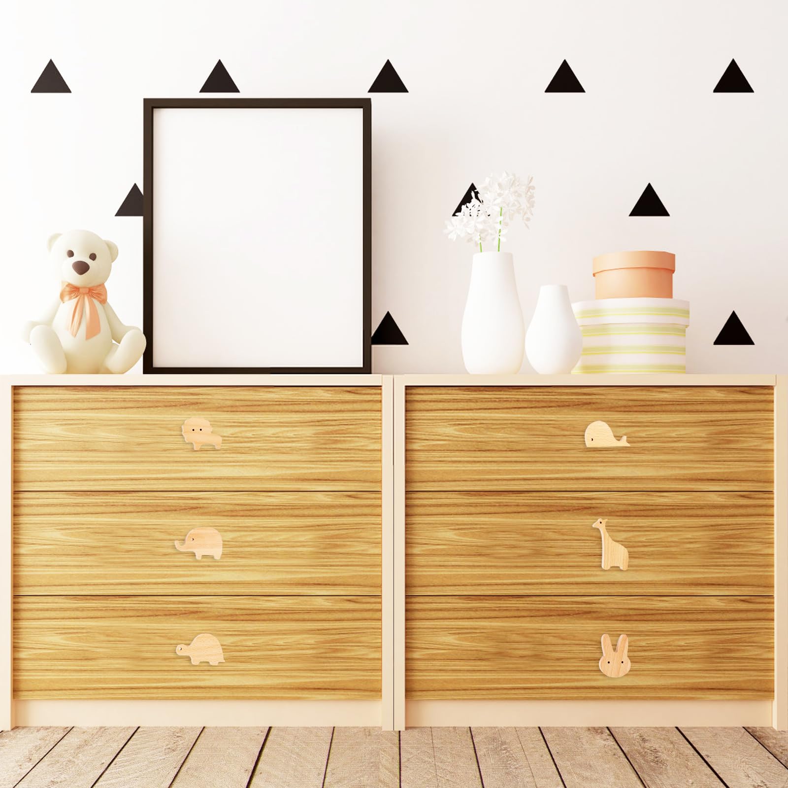 MplehDa Pomelli in Legno per Armadi e Mobili - 6 Pezzi Con Motivi Animali, 2 in 1 Autoadesivi Con Viti - Maniglie per Cameretta dei Bambini