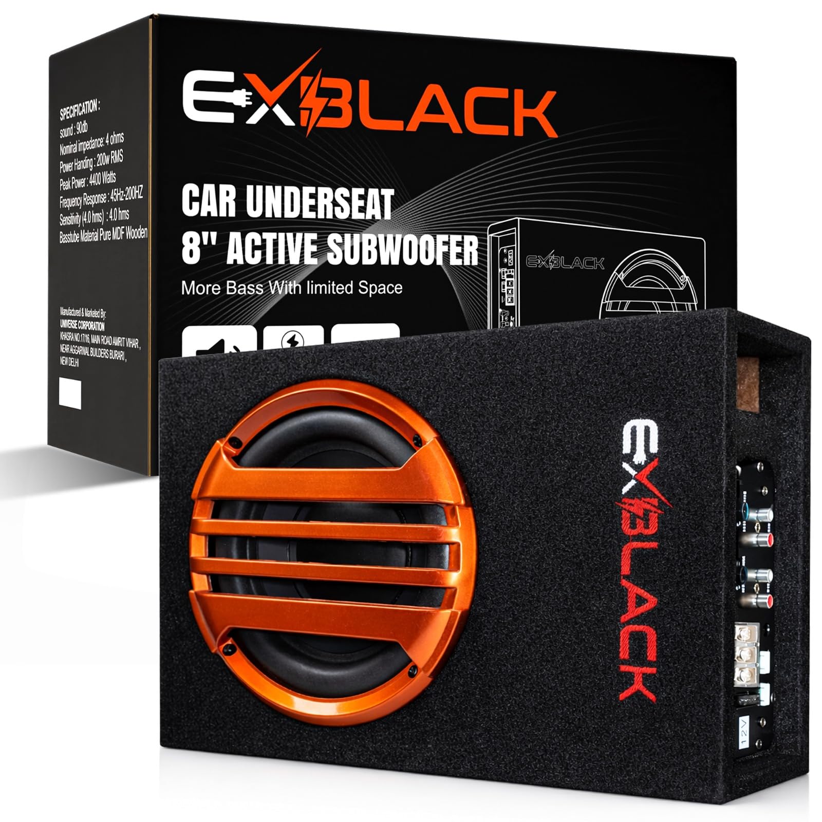 EXBLACK 8 Inch Active Underseat Car Subwoofer with Inbuilt Amplifier, 200W Peak Power, Matt Finish, Black