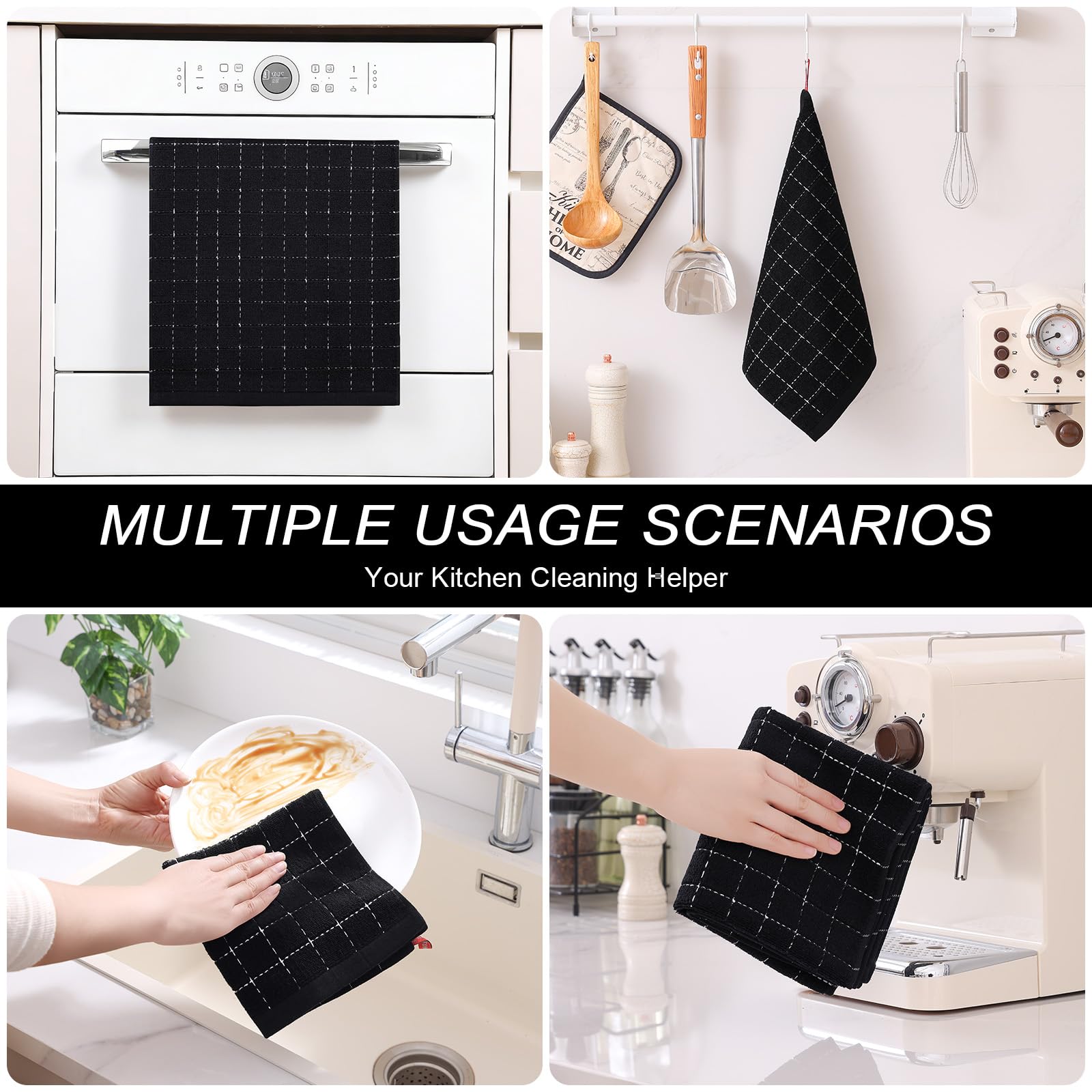 Homaxy Küchentücher und Geschirrtücher Set, 12 Stück, Schwarz | Bulk Baumwoll-Frottee-Küchentücher, kariertes Design, weich und super saugfähig, 30,5 x 30,5 cm und 33 x 71,1 cm