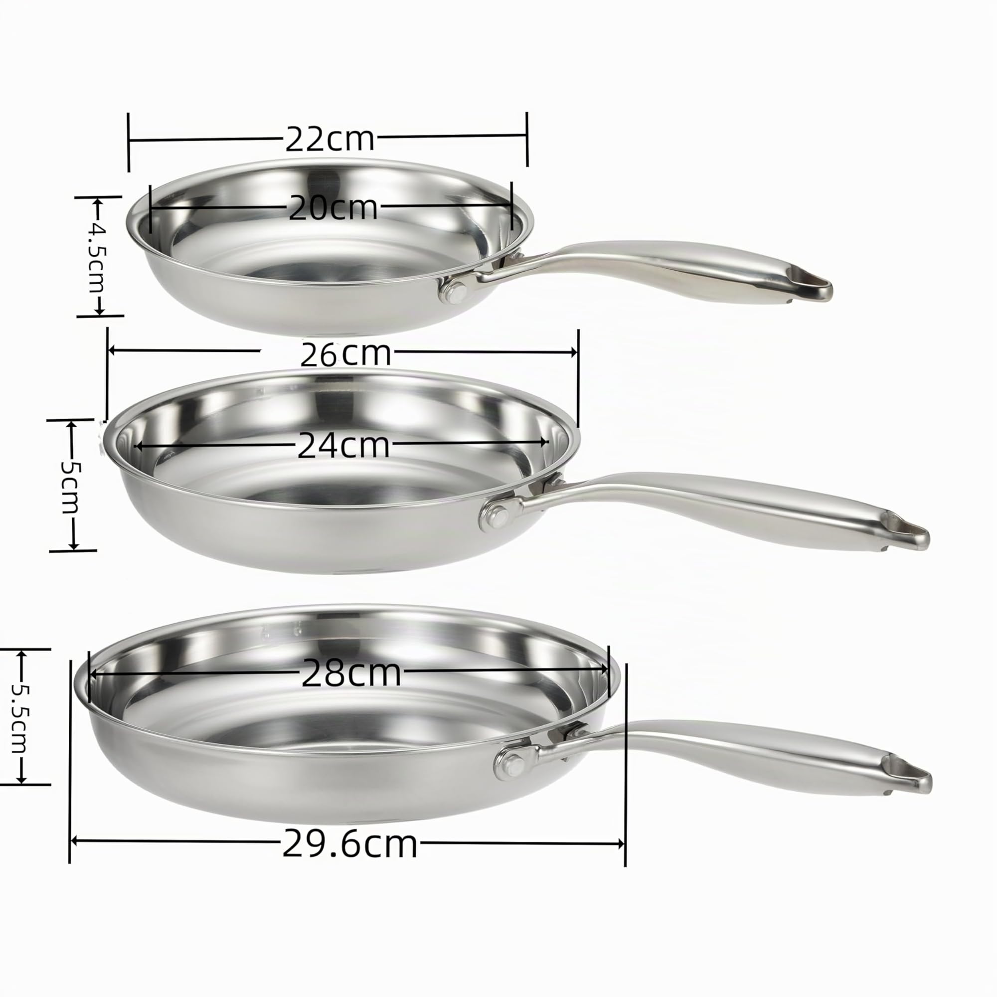 Lot de 3 poêles à frire en acier inoxydable, professionnels, 3 couches, 20,5 à 25,4 cm, haute brillance, induction, passent lave-vaisselle four