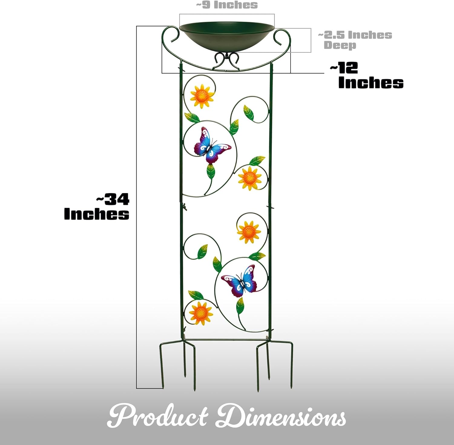 G128 35 Inch Antique Garden Iron Bird Bath with Trellis, Decorative Butterfly, Detachable Bowl, Metal Potted Plant Support, Elegant Outdoor Garden Bird Feeder