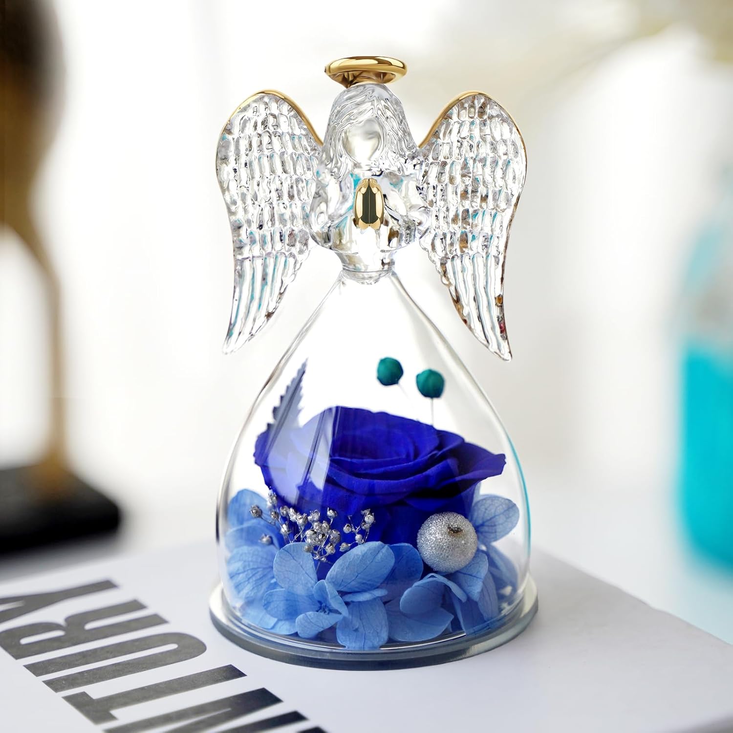 Yamonic Mom Birthday Gifts for Mom, Angel Figurines with Real Rose Gifts for Her Mom Grandma,Preserved Flowers Rose Angel Figurines for Mothers Day Christmas Anniversary Birthday Gifts for Her (Blue) - Image 2