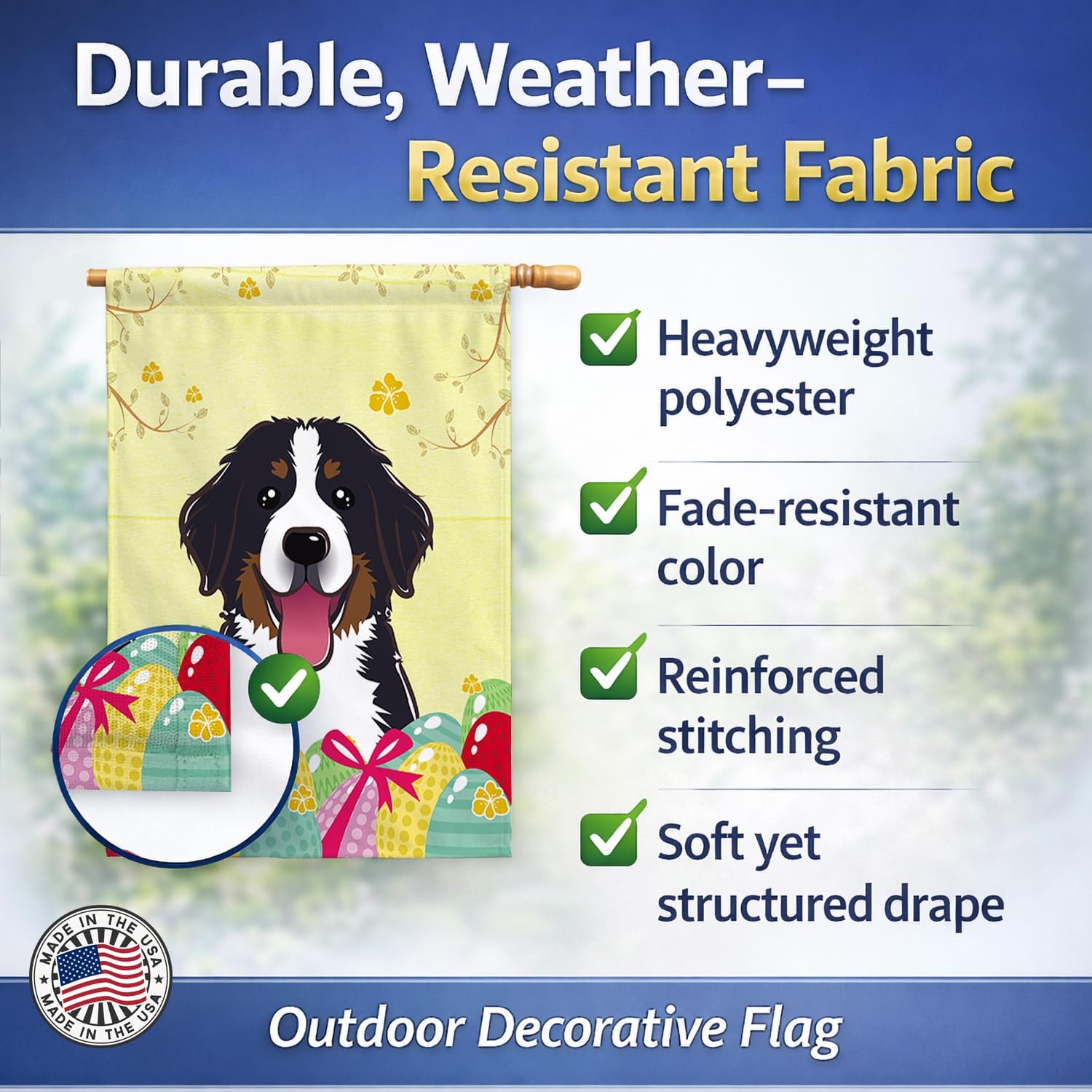 Caroline's Treasures BB1919CHF Bernese Mountain Dog Easter Egg Hunt House Flag Large Porch Sleeve Pole Decorative Outside Yard Banner Artwork Wall Hanging, Polyester, House Size, Multicolor