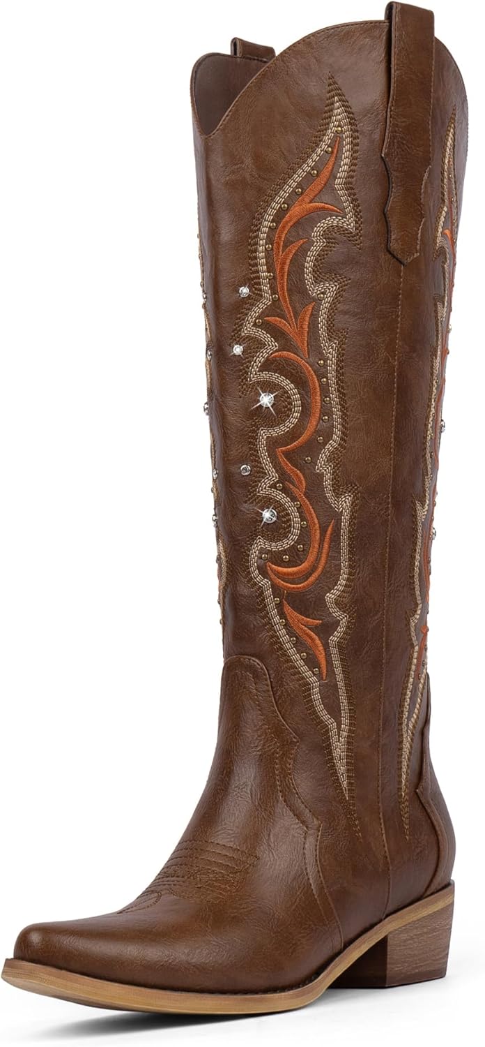 Knee High Cowboy Boots for Women Rhinestone Cowgirl Boots, Trendy Embroidered Weste...