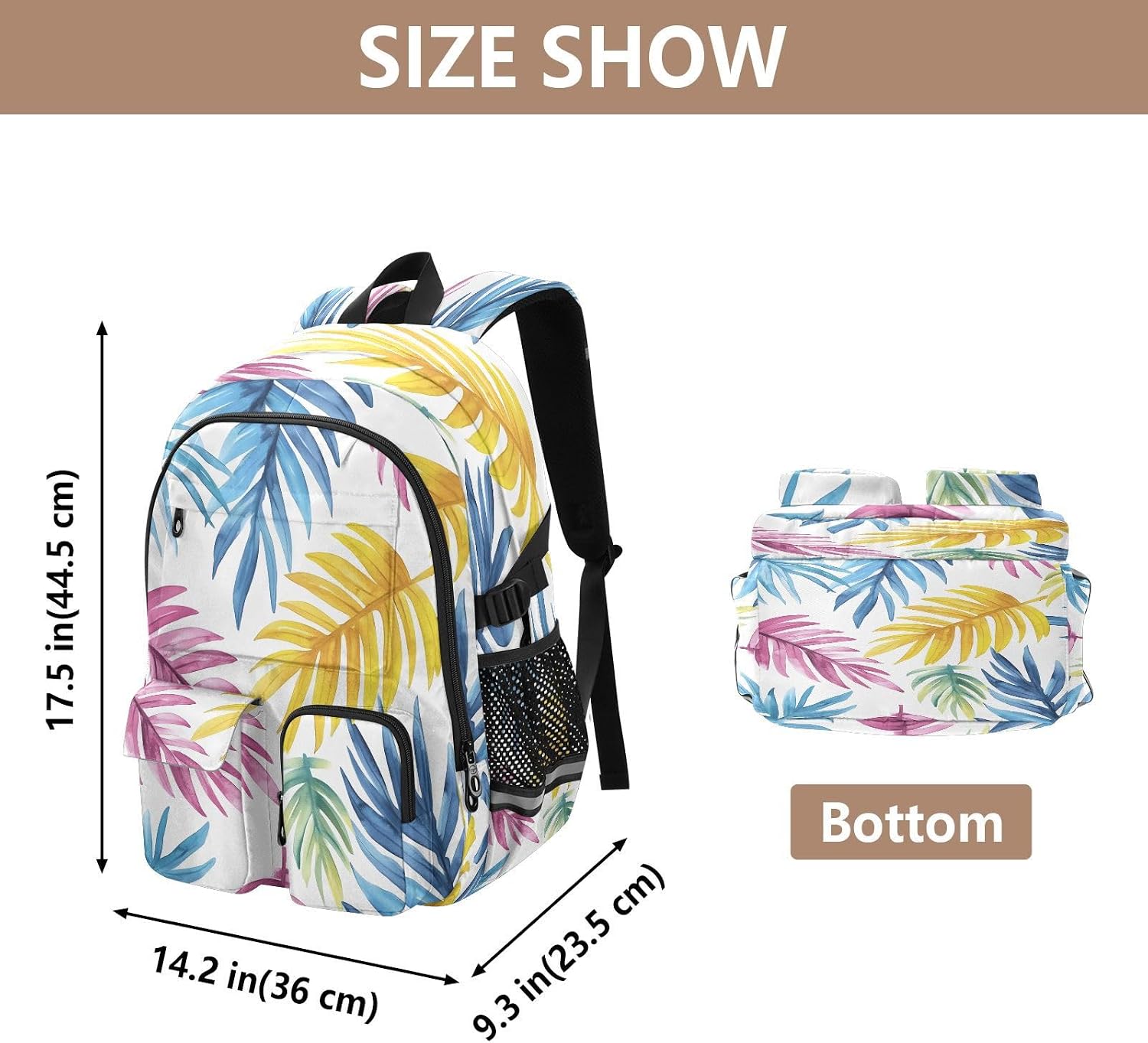 Student Laptop Backpack, Colorful Tropical Palm Leaves 30L Travel Daypack for Teens College, Casual School Shoulder Bag for Women Men Boys Girls, Fits 14 inch Laptop image 3