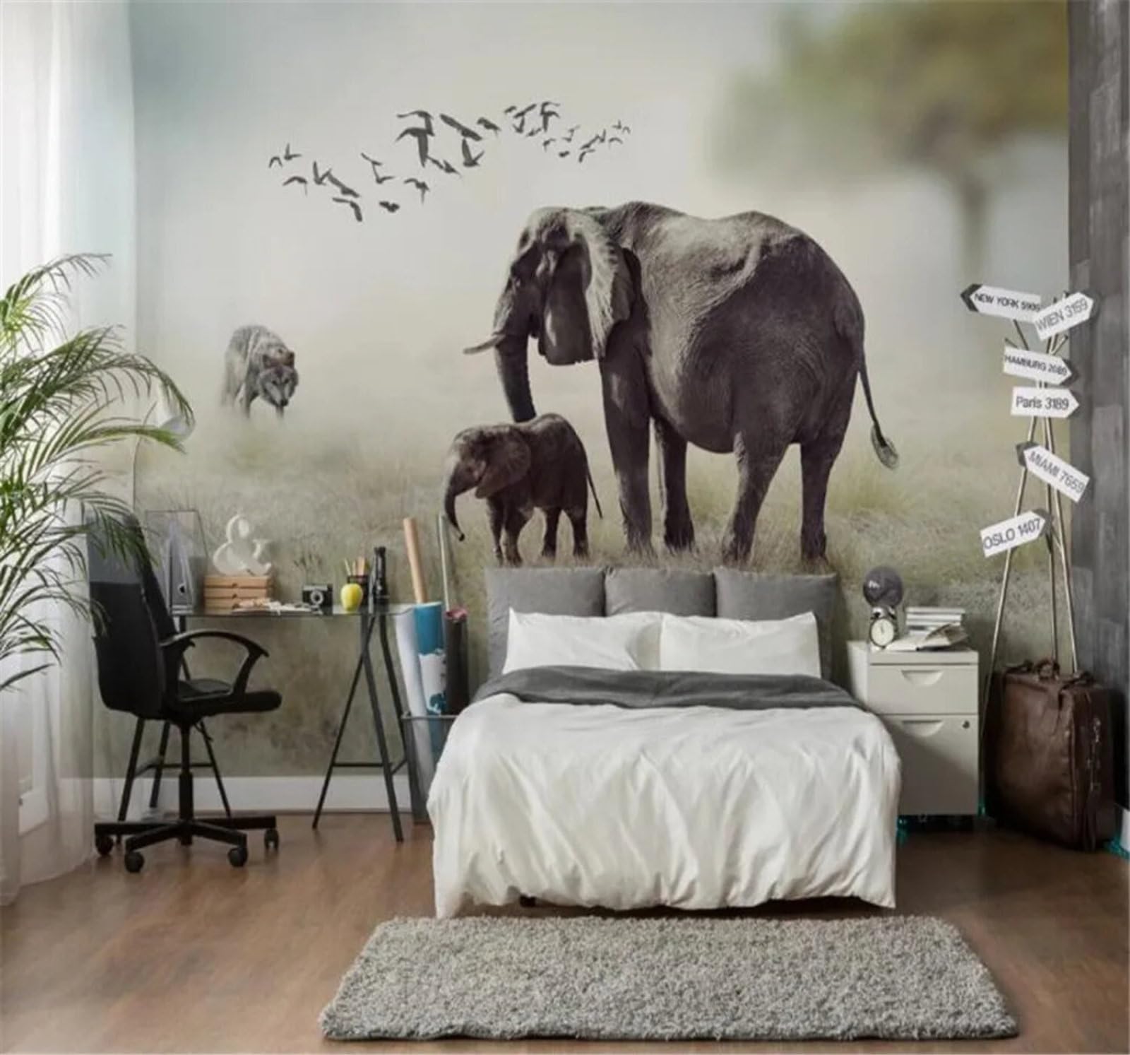Tzxztt Minimalism Savannah Animals Elephants Wolves Modern 3D Wallpaper Premium Textured Silk Neutral Tones Material Ideal for Living Room Bedroom-150cm×105cm