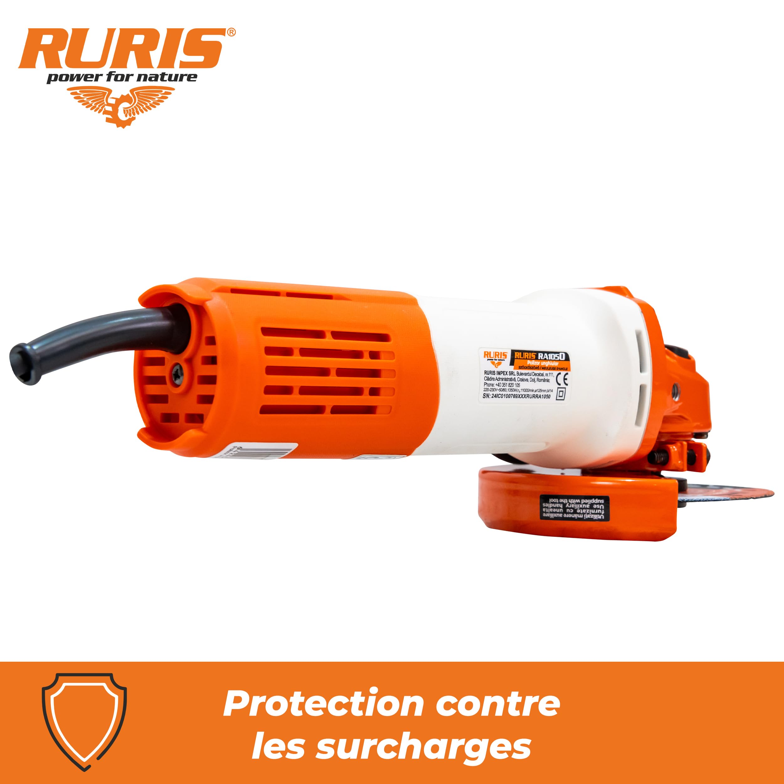RURIS Meuleuse d’angle électrique RA1050 1050W, disque 125 mm, 11000 tr/min, système Power Off, outil polyvalent pour coupe et meulage métal, béton, pierre, bois