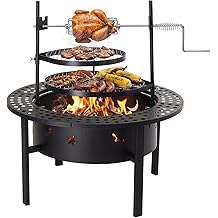 ROVSUN Upgrated 33'' Outdoor Fire Pit with 2 Grills, Grill with Side Shelves, Wood Burning Round Firepit with Swivel Cooking Grate, Removable Swivel Grill for Backyard, Patio, Picnic, BBQ and Parties