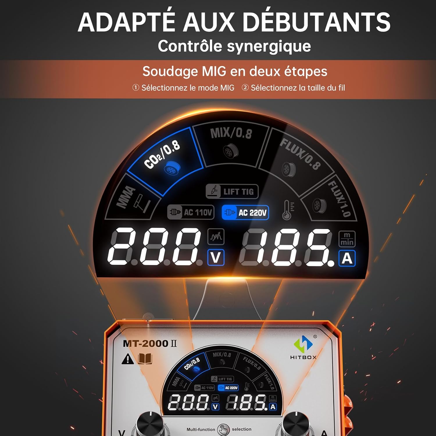 Pandangan dekat panel kawalan LCD berwarna HITBOX MT2000II dengan tetapan sinergi untuk kimpalan MIG.