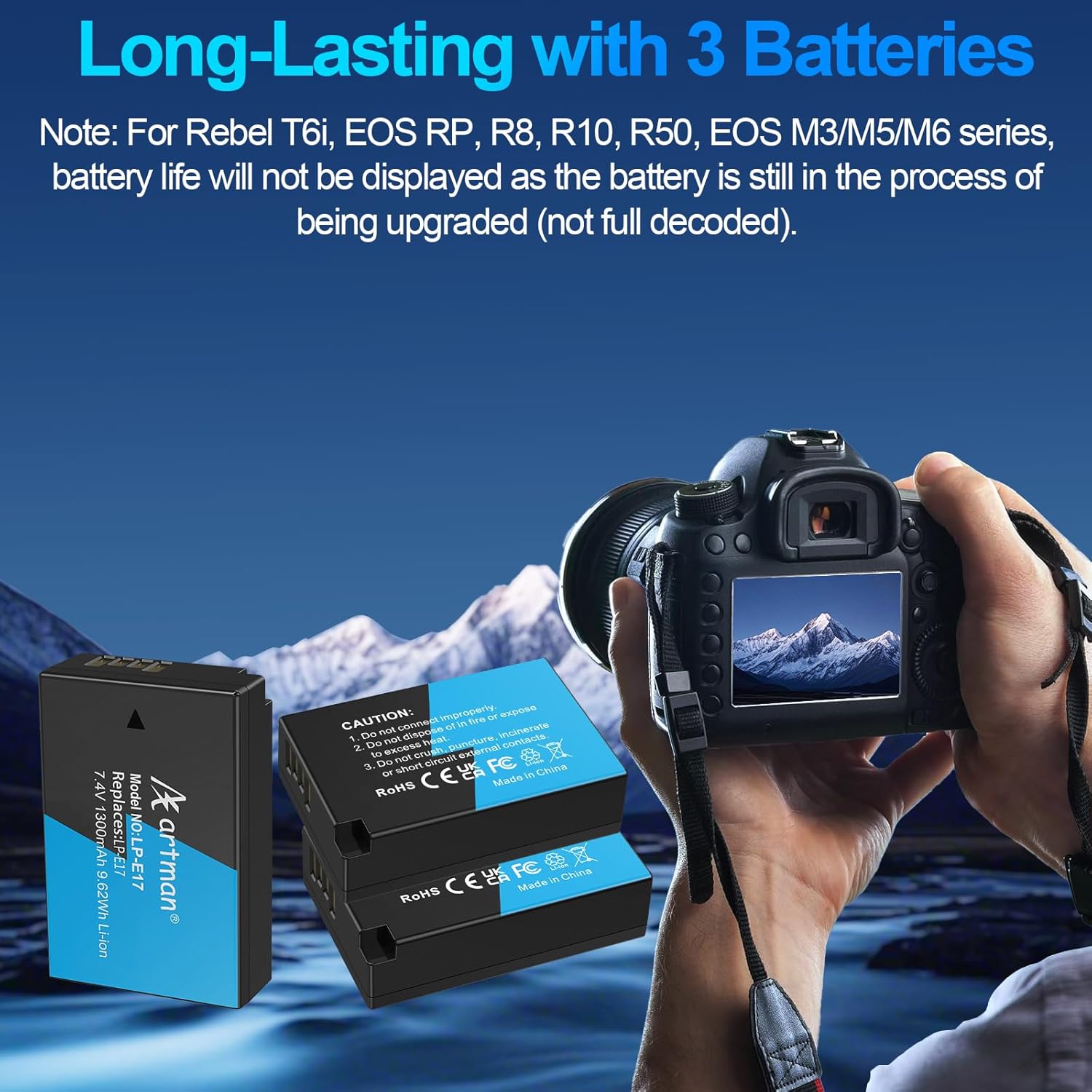 Artman LP-E17 Battery 3-Pack 1300mAh and 3-Slot LCD Charger for Canon EOS R50 R8 R10 RP R100, Rebel T8i T7i T6i T6s SL2 SL3, EOS M3 M5 M6, EOS 77D 200D 250D 750D 760D 800D 8000D Digital Camera