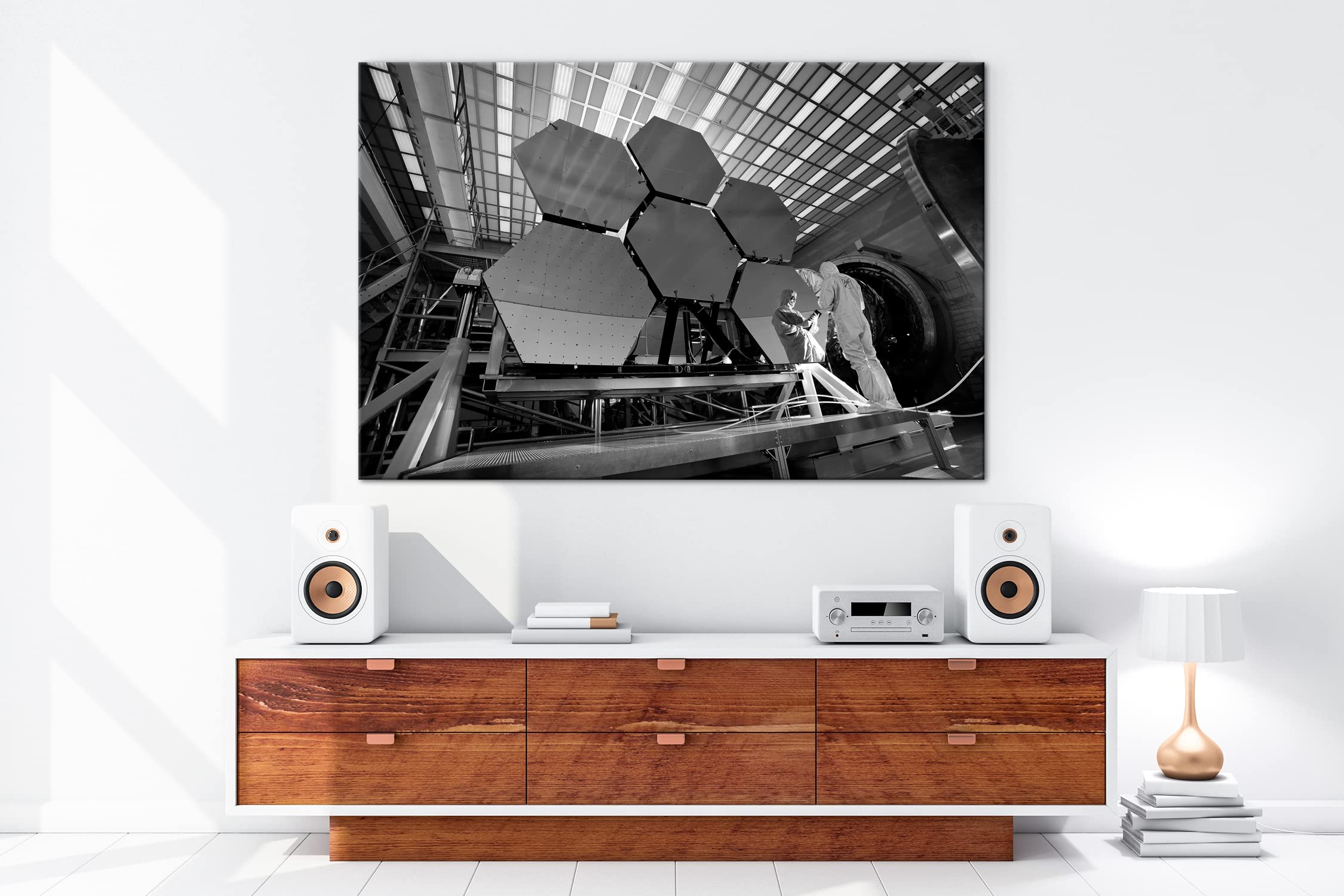 Specchio telescopico gigante, formato 120 x 80, effetto: bianco e nero come stampa su tela, motivo già incorniciato su telaio in vero legno, stampa digitale di alta qualità, nessun poster o poster