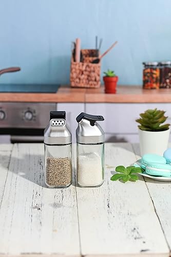 Miniatura 6 de J&M DESIGN Juego de saleros y pimenteros de vidrio con tapa abatible de plástico libre de humedad para encimera de cocina o condimentos de especias
