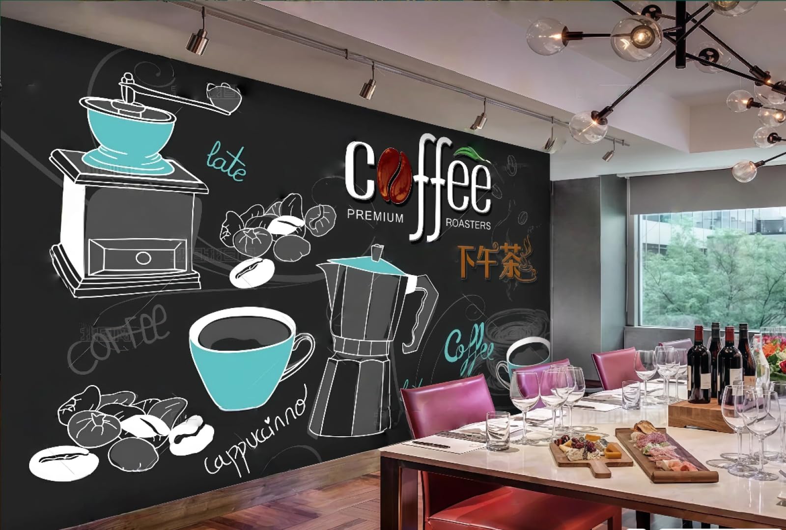 Rskjdghshd 3D Wallpaper Hand-Painted Blackboard Coffee Gourmet Cake Room Afternoon Tea Drink Shop Bar Background Wall Western Restaurant Wallpaper Cafe Mural,,300X210cm