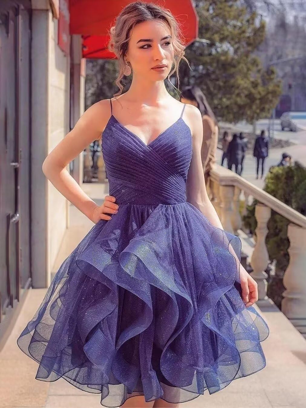 Tulle Short Prom Dresses for Women Sprakly Glitter Cocktail Dress Puffy Ruffle Tiered Formal Evening Gowns