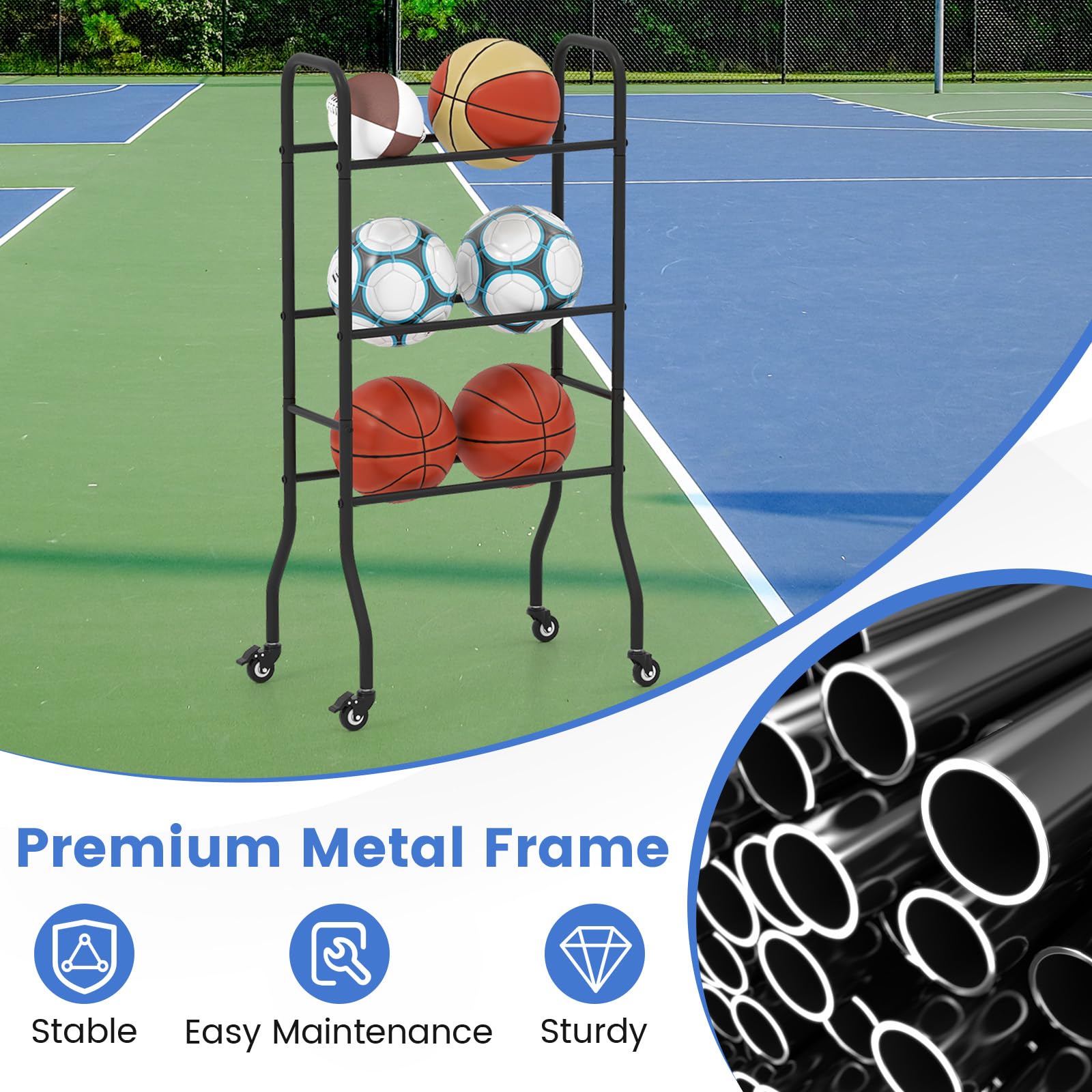 LIFEZEAL Soporte para balones de baloncesto, fútbol, voleibol, baloncesto, con ruedas, estante de 3 niveles para herramientas deportivas, estante de almacenamiento, soporte para gimnasio, casa, garaje