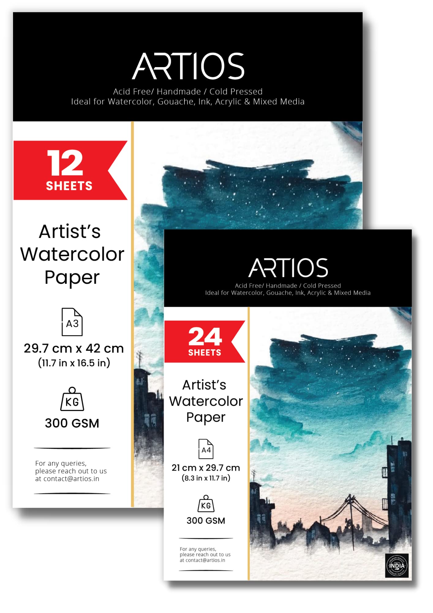 ARTIOS Artists' Watercolor Paper Combo - A3 (12 Sheets) + A4 (24 Sheets) 300 GSM 100% Cotton, Cold-Pressed, Handmade Papers for Watercolour, Acrylic, Gouache, Ink & Mixed Media