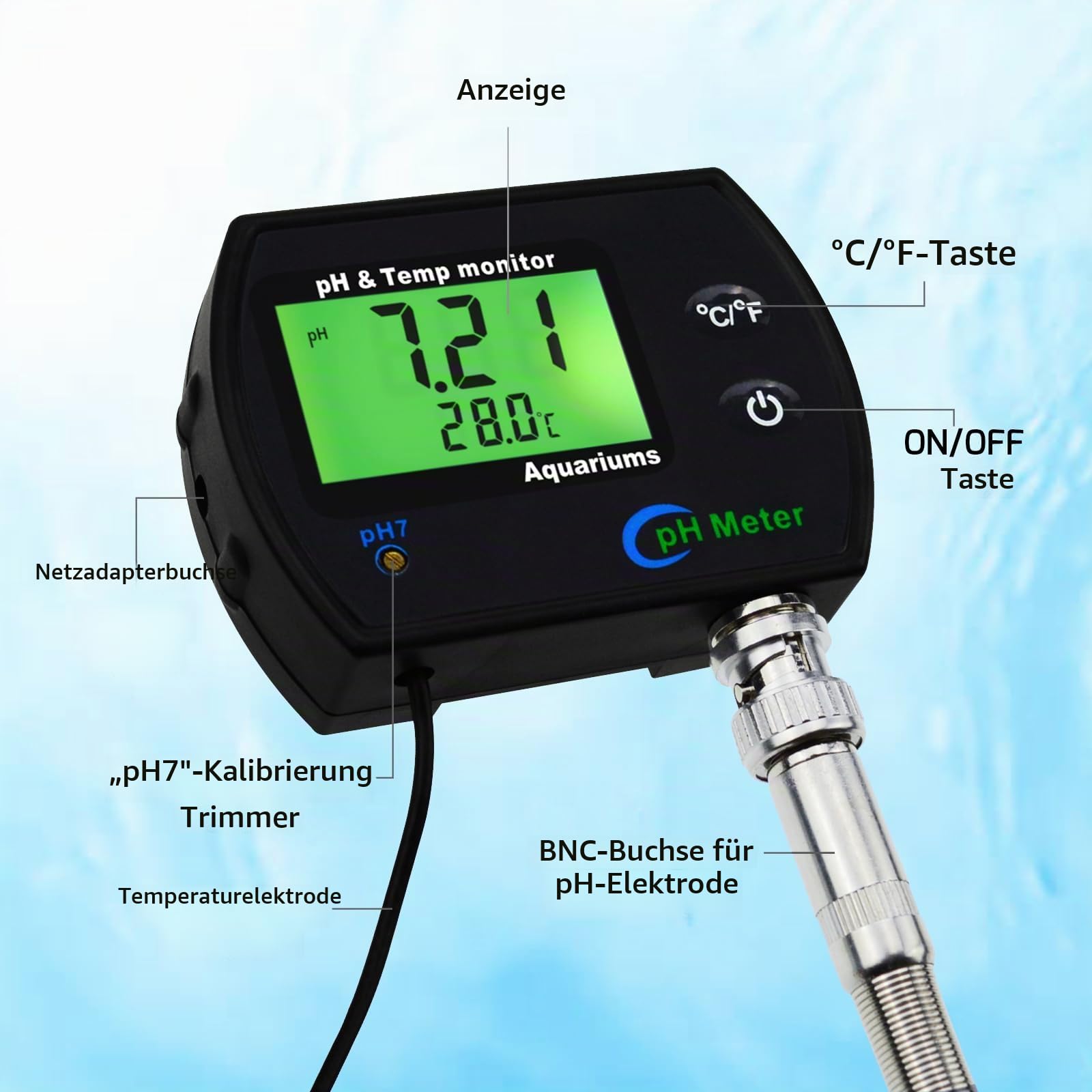 2-in-1-pH- und Temperatur monitor, pH-Meter mit Hintergrundbeleuchtungsfunktion, Doppelanzeige 0,00–14,00 pH °C/°F, Wasserqualitätstester, pH-Monitor für Wasser, Fischtank, Aquarium, Hydrokultur, Pool