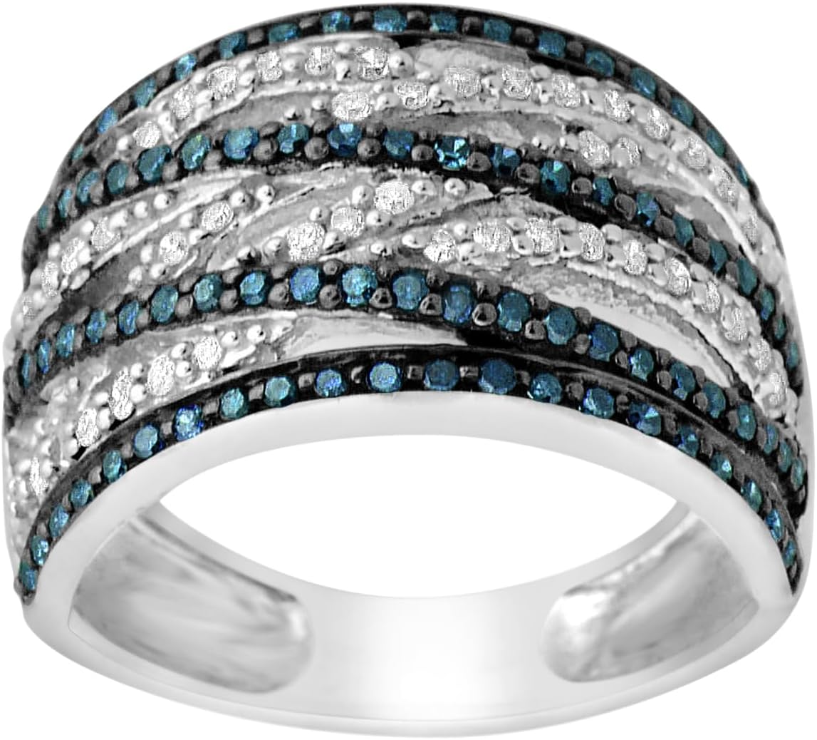 3/4 CTTW 925 Sterling Silver Blue & White Round Colored Diamond Cocktail Highway Ring Band For Women