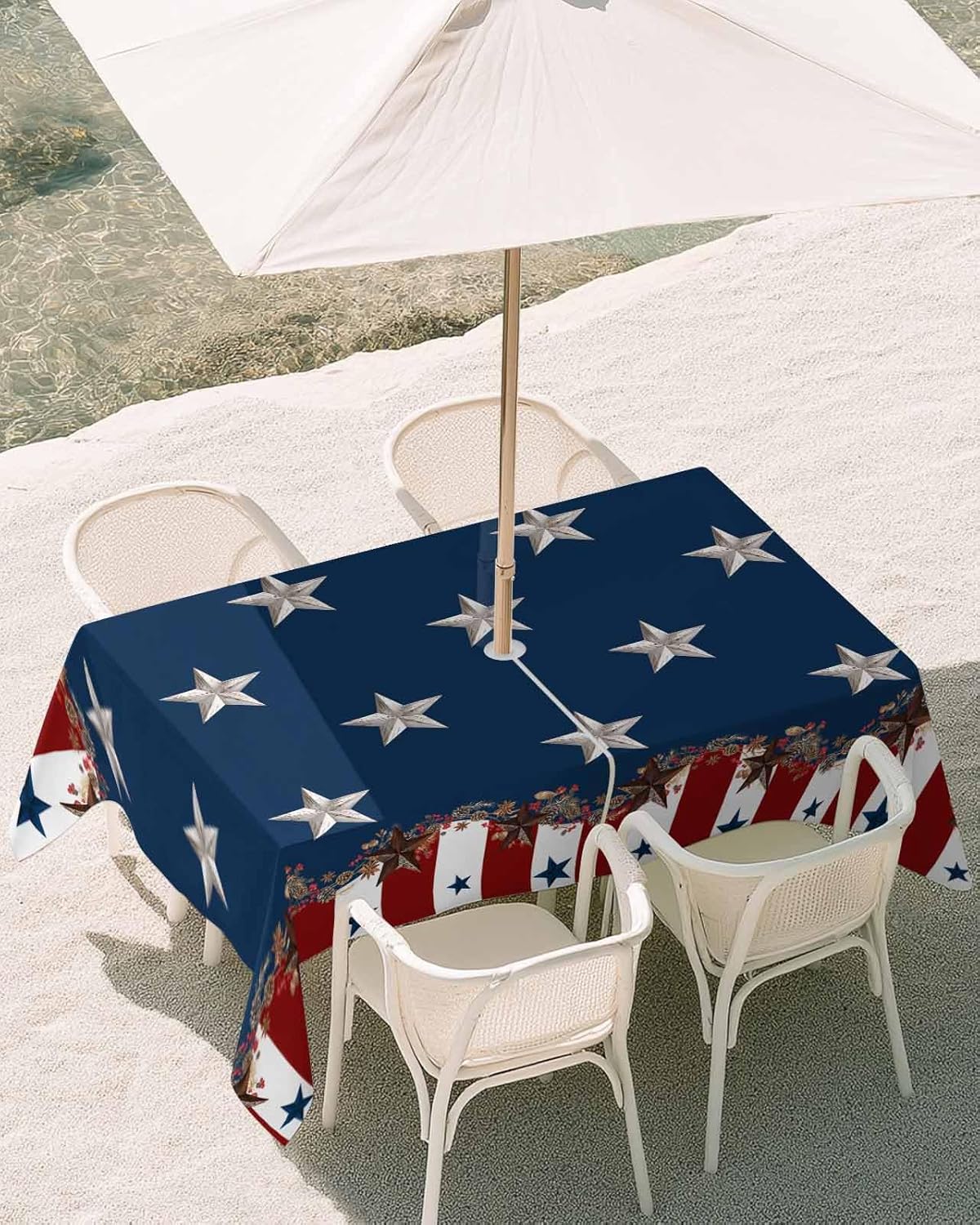 4th of July Tablecloth with Umbrella Hole and Zipper Patriotic Stars Stripes Outdoor Tablecloths 60x84 Outside Table Cloths Rustic Red Blue Patio Table Cloth Cover for Independence Day Garden