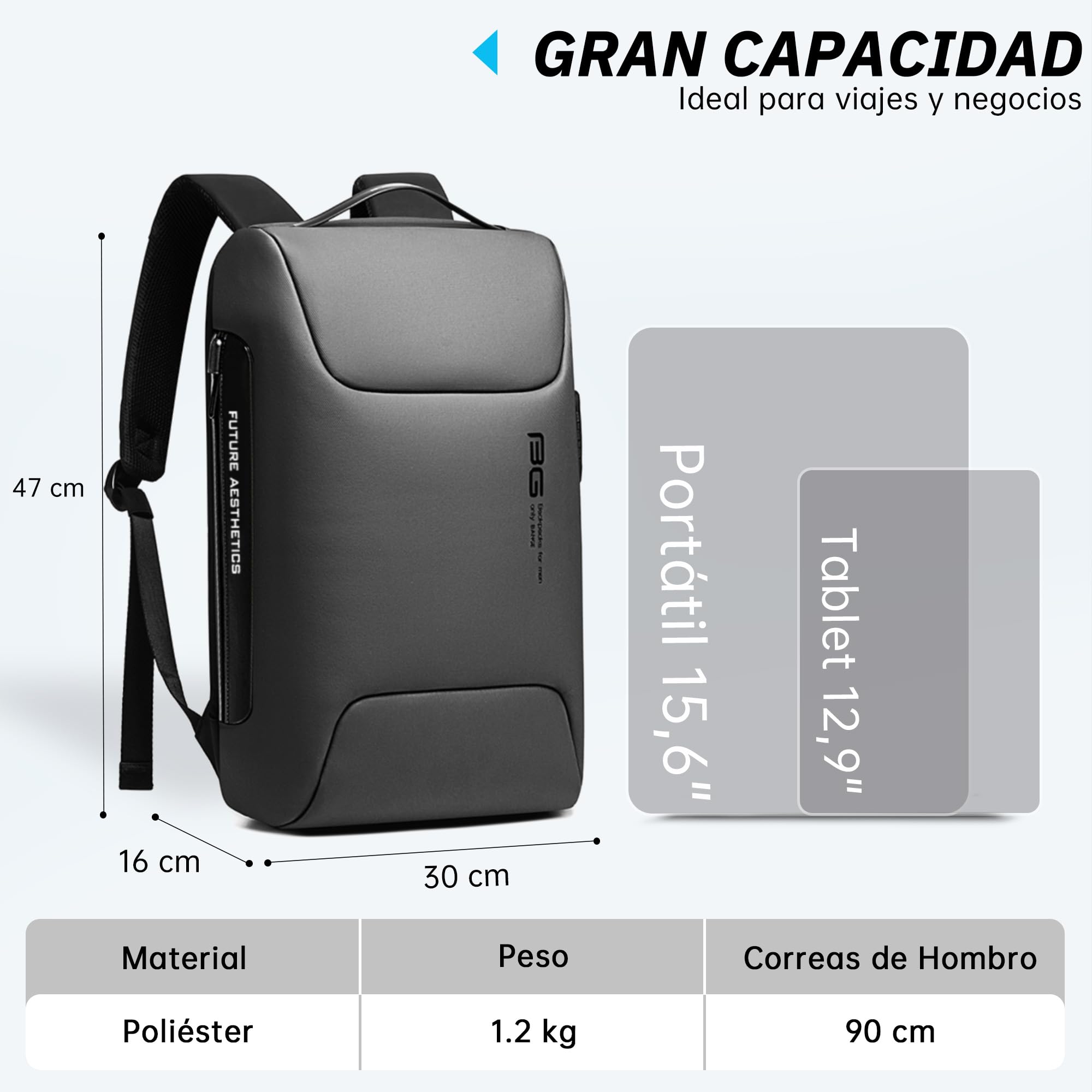 VARLIVOO Hombre Mochila USB Port Estudiante Mochila 15,6" Portátil Universitaria Anti-Robo Contraseña Cerradura Mochila de Hombre Trabajo Viajar Colegio Impermeable Polyester Gris