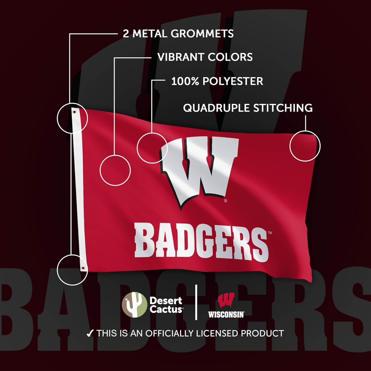 Desert Cactus University of Wisconsin UW Flag - 3 x 5 Feet Badgers Banner, Indoor/Outdoor Durable Fabric, 100% Polyester Design (Style 2) - Image 4