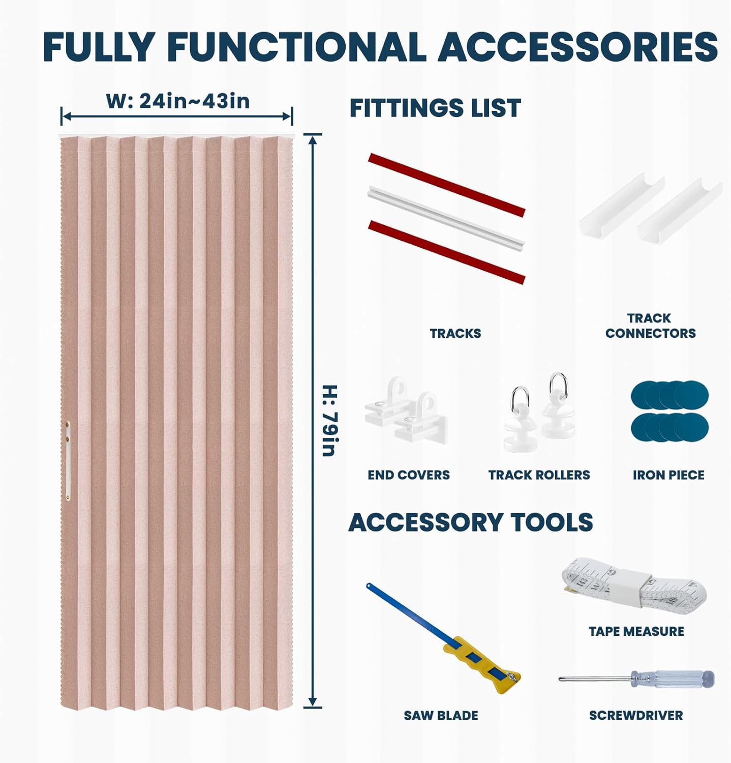 AJAZZ 100% Blackout Accordion Door Invisible Accordion Doors Interior Magnetic Door Curtain Front Doors Curtains for Glass Window Sets Included Tracks (1Panel, 43W x 79 L, Pink)