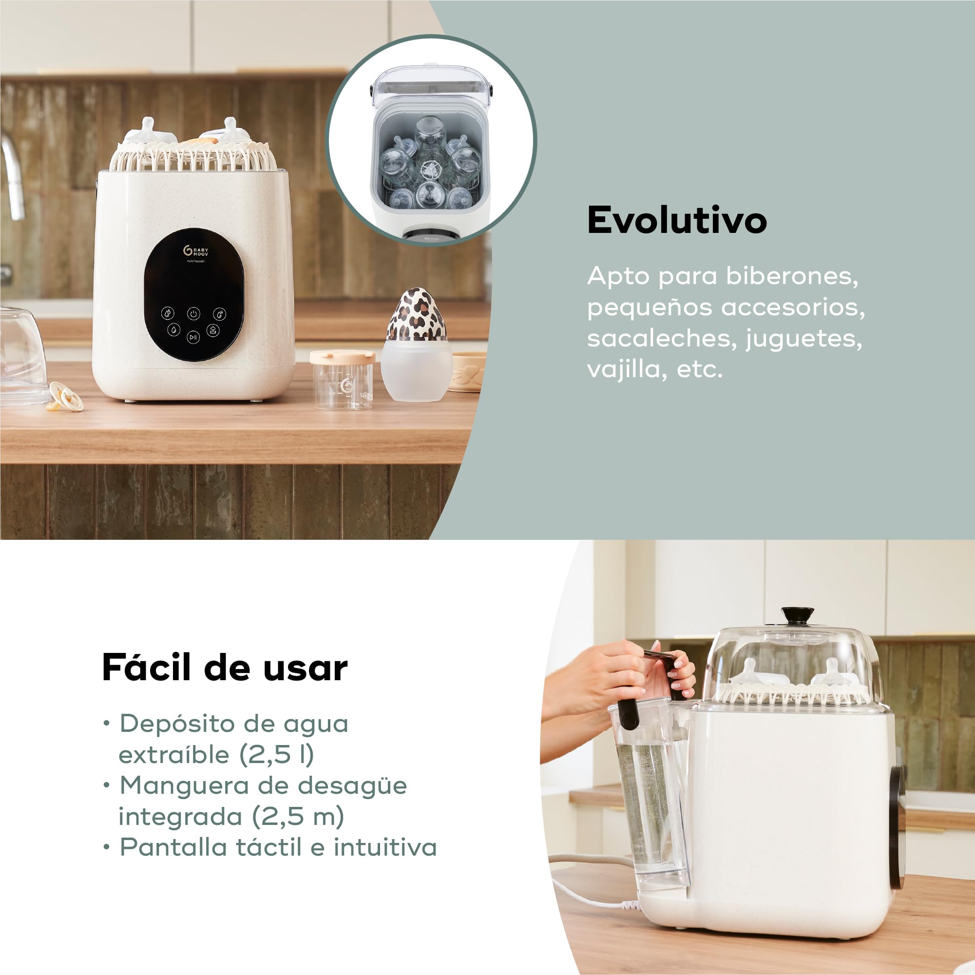 Babymoov Lavabiberones eléctrico NutriWash - Lava, esteriliza, seca y almacena - 11 programas rápidos a partir de 19 min - Compatible biberones y accesorios - Pantalla táctil - Garantía de por vida