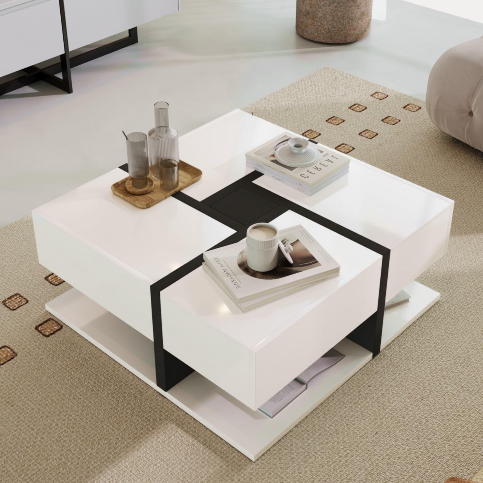 KOMHTOM Table basse carrée blanche moderne. Table d'appoint avec quatre tiroirs et compartiment de rangement ouvert, table basse pour salon chambre à coucher (Blanc+Noir)