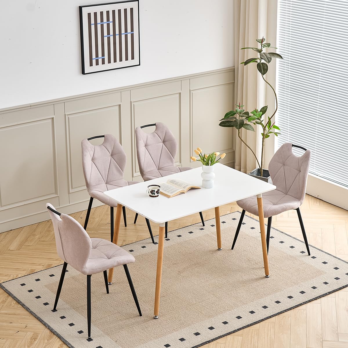 GrandCA HOME Juego de 6 sillas de Comedor, sillas nórdicas de Cocina con Asas, para Comedor y Sala de Estar, Patas de Metal y tapizado con diseño de Rombos (Beige)