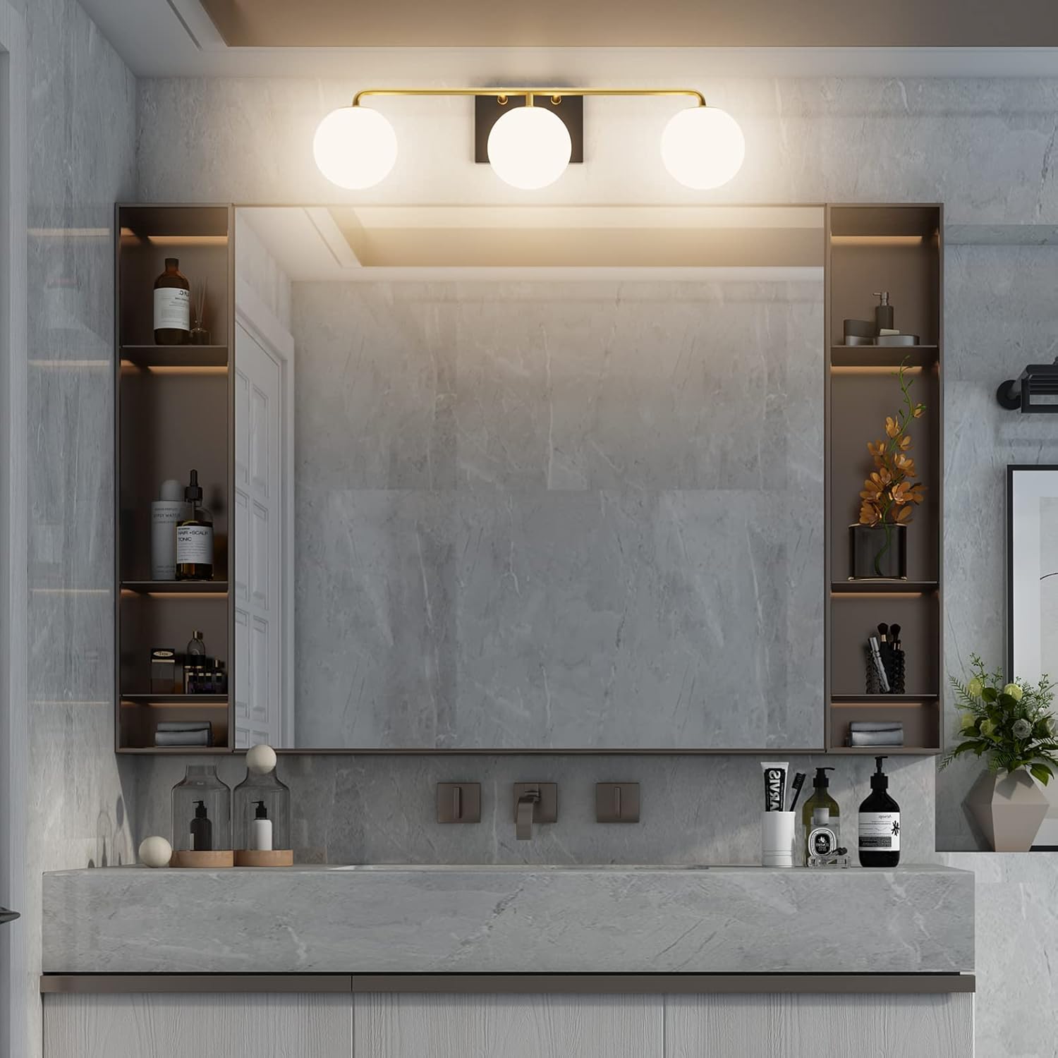 Tipace Mid Century Modern Gold 3-Lights Vanity Light Fixtures with Milky White Glass Ball Shades Industrial Vanity Lighting Over Mirror Wall Sconces for Bathroom Dressing Table Bedroom(Exclude Bulb)