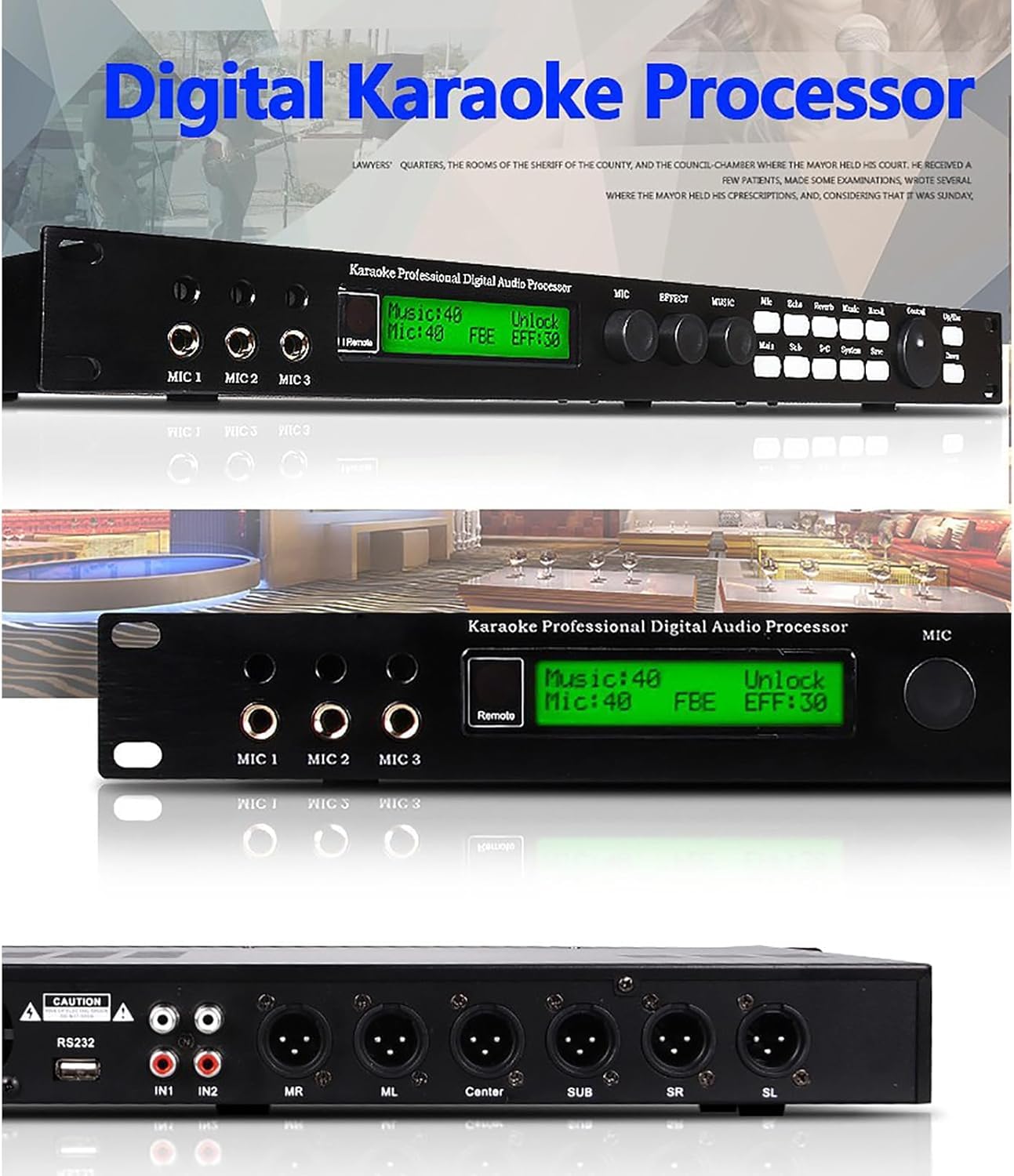 Kanduo Ecualizador estéreo de Audio Reverberador Mezclador Digital, procesador de Audio for micrófono KTV, con Pantalla LCD, efector de Audio DSP de 15 Bandas