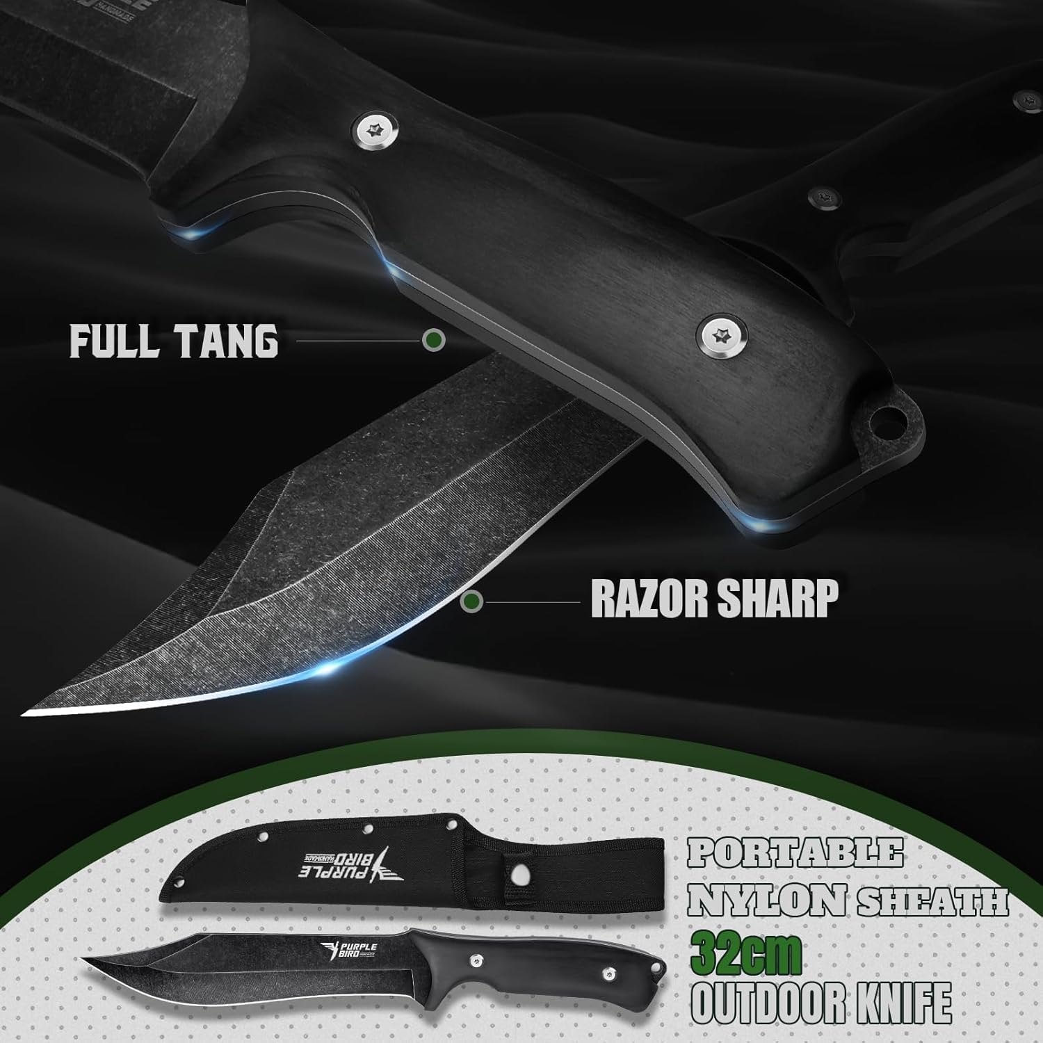 PURPLEBIRD Outdoor Survival Axe & Fixed Blade Knife Set - Full Tang Camping Hatchet and Hunting Knife with Sheath, Lightweight Small Hand Axe & Bushcraft Knives Set with Wood Handle