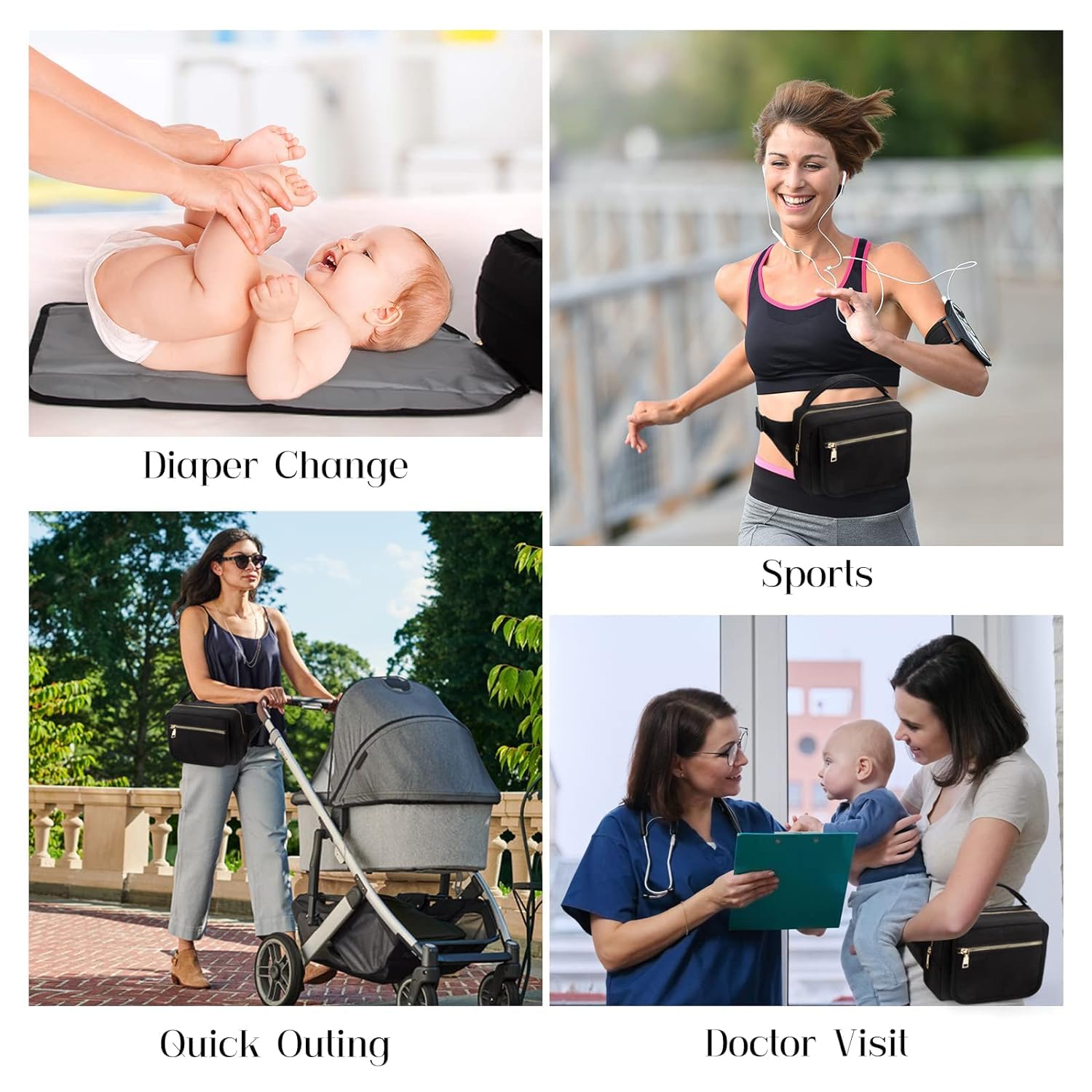 printe Mała torba na pieluchy z przenośną podkładką do przewijania, nerka crossbody z kieszenią na chusteczki do wózka dziecięcego, damska torba na talię w podróż, czarna, duża