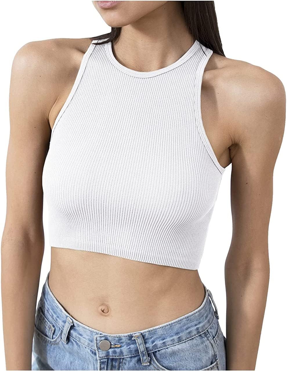 Clossy London Women Sleeveless Ribbed Racer Back Round Neck Sports Bra Crop Top for Girls Dance Athletics Sport Workout, Daily Wearing, Gym, Yoga, Casual
