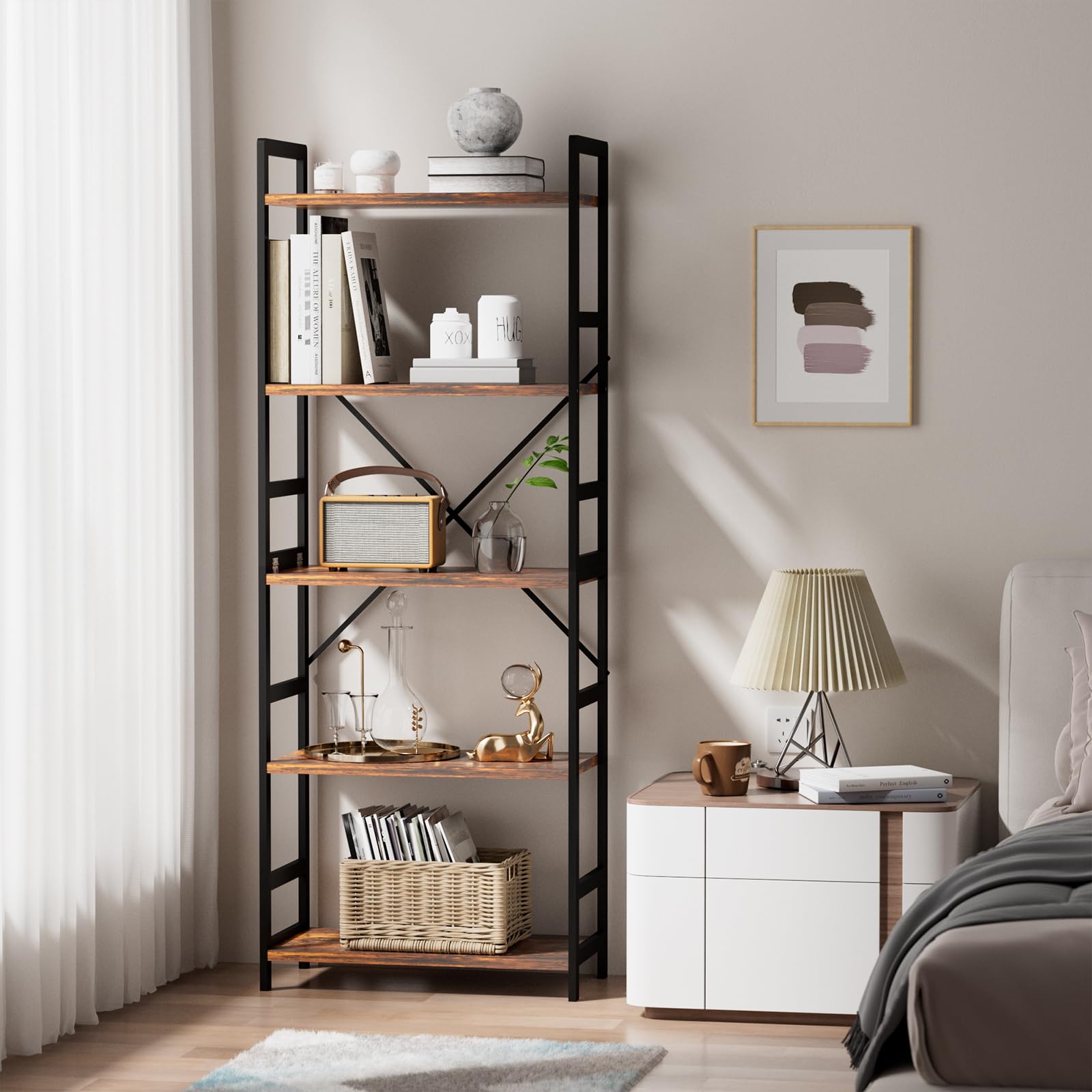 Libreria a 5 Ripiani, Scaffale Legno, Stile Industriale Librerie Verticale Portaoggetti per Ufficio, Cucina, Soggiorno, Camera da Letto, Studio (30 x 60 x 158 cm, Marrone Vintage e Nero)